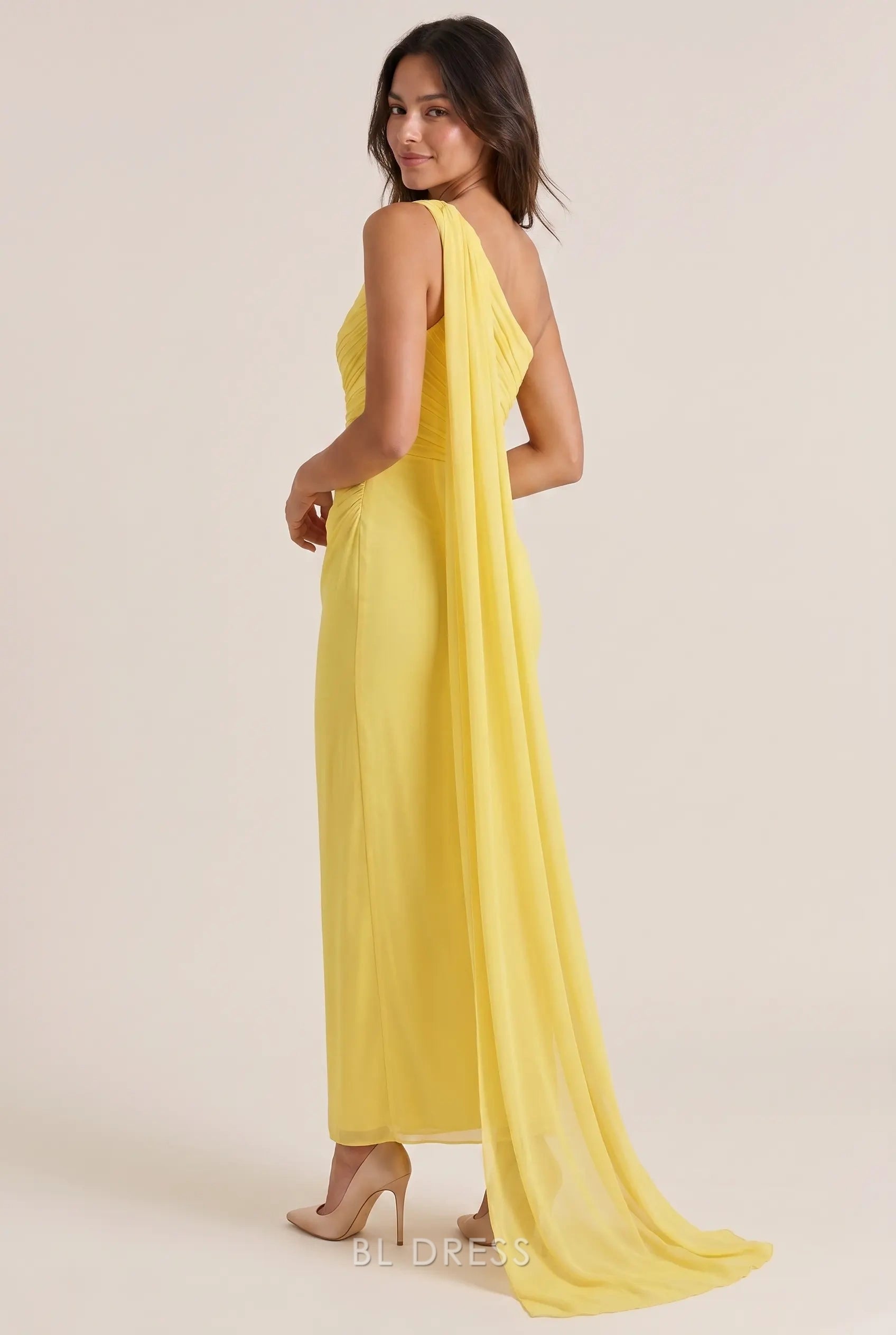 One Shoulder Ruched Bodice Draped Chiffon Mermaid Floor Length Prom Dress