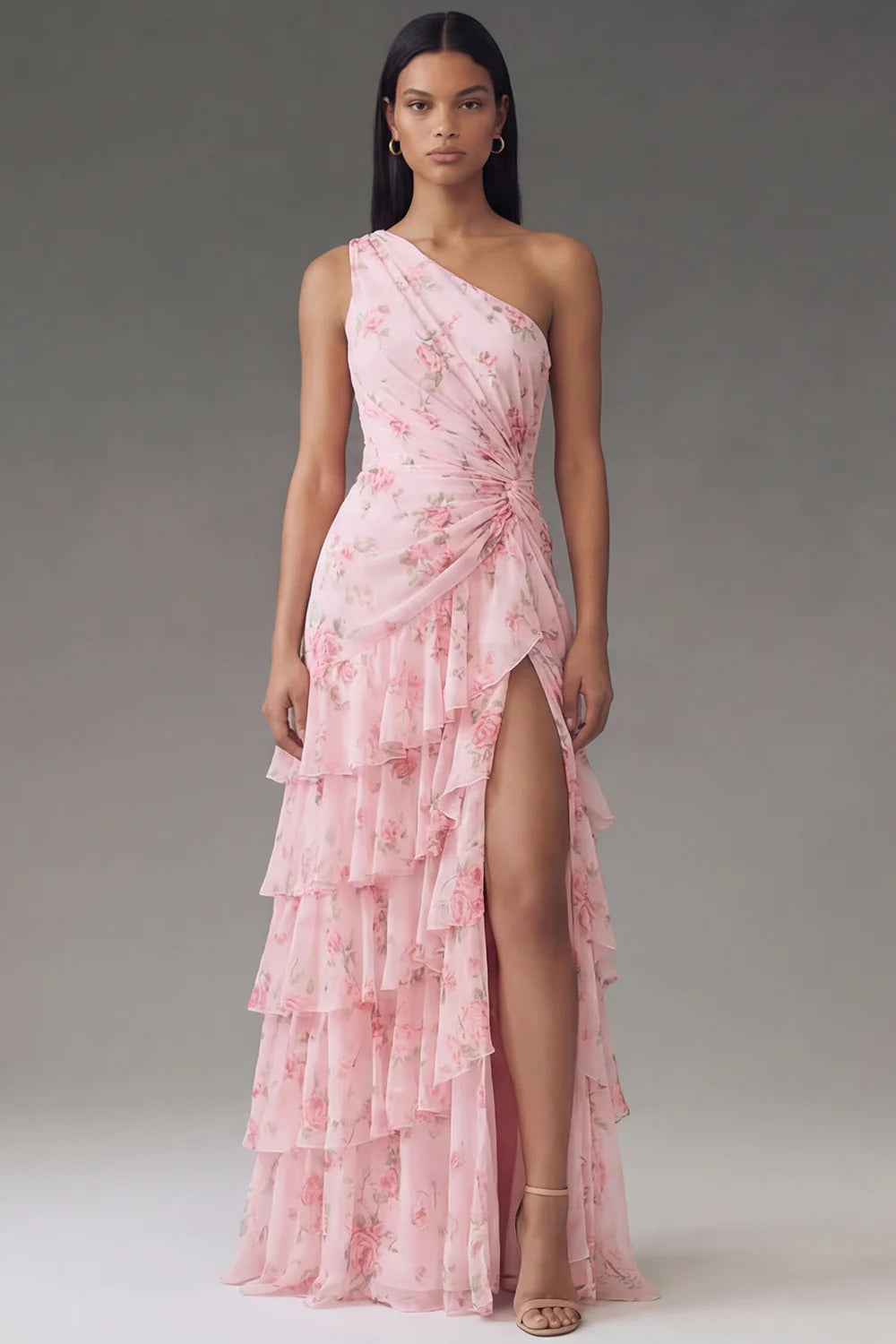 One Shoulder Ruched Floral Print Tiered Maxi Dress with Side Slit Prom Dress