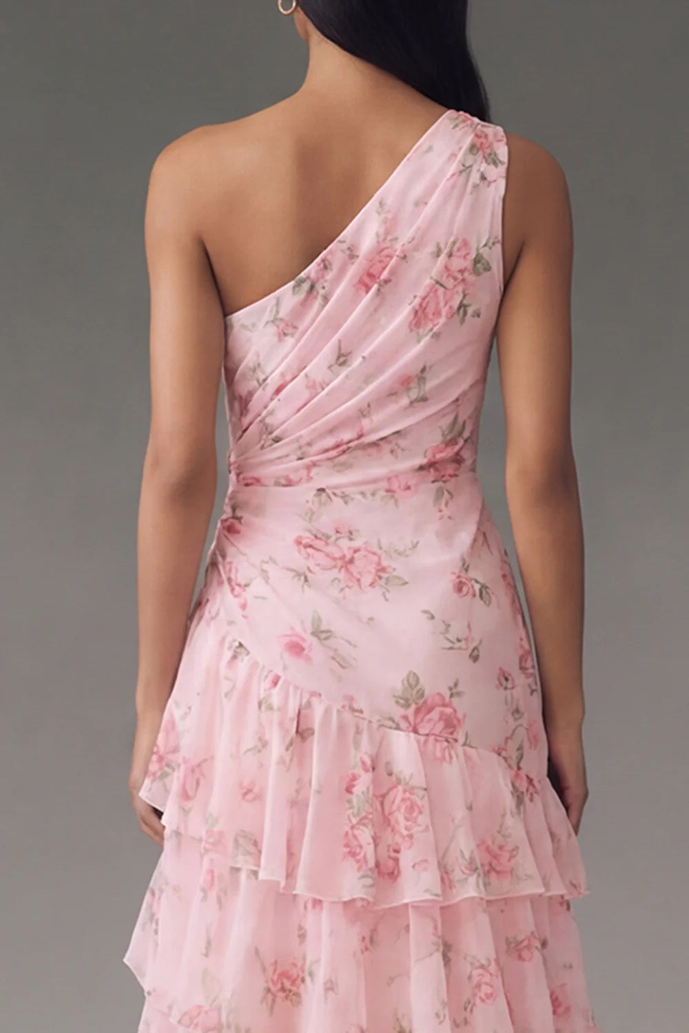 One Shoulder Ruched Floral Print Tiered Maxi Dress with Side Slit Prom Dress