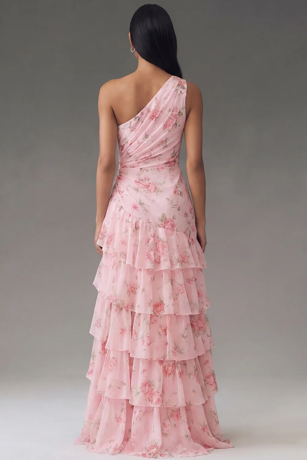 One Shoulder Ruched Floral Print Tiered Maxi Dress with Side Slit Prom Dress