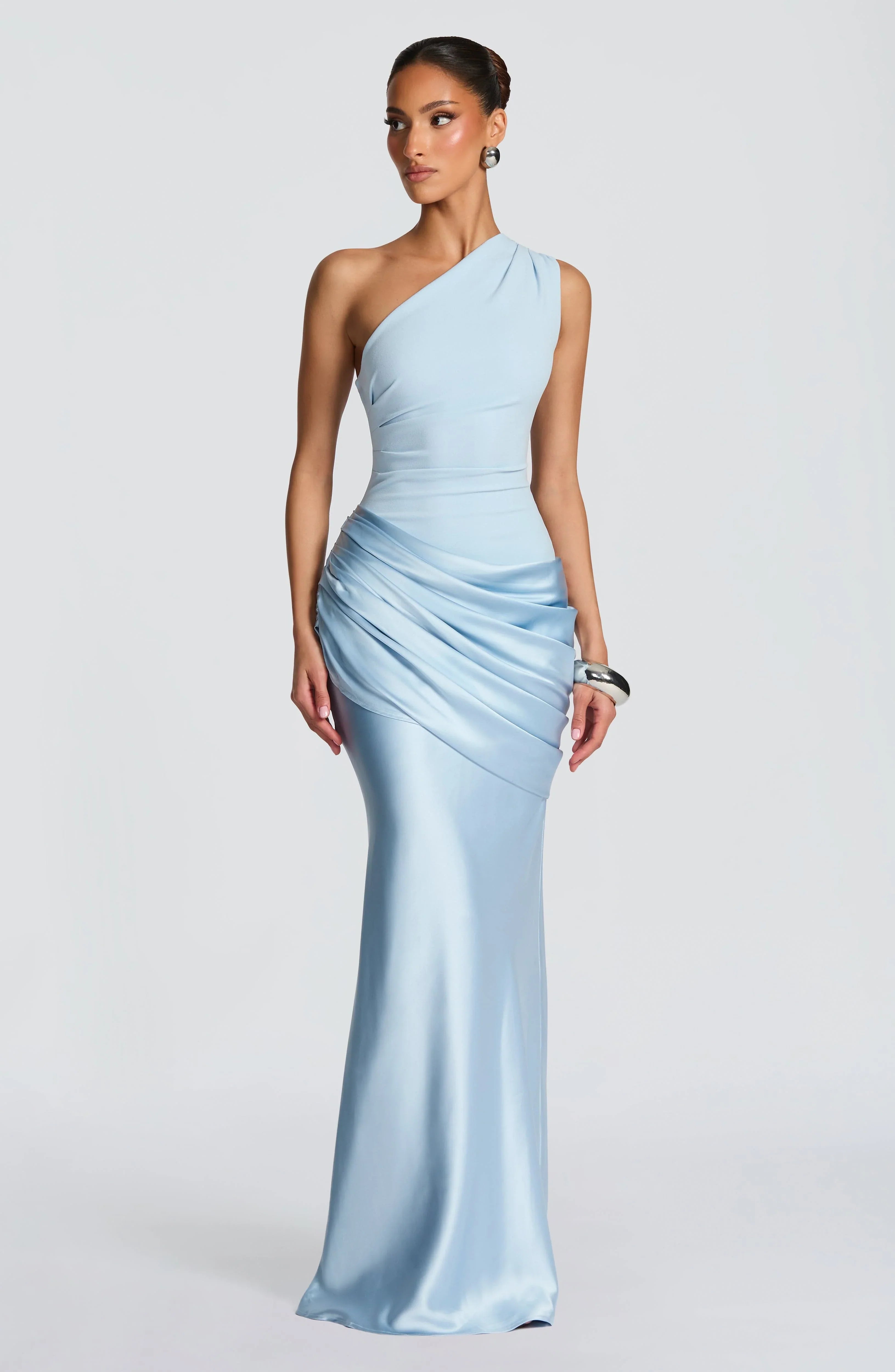 One Shoulder Satin Ruched Mermaid Floor Length Prom Dress