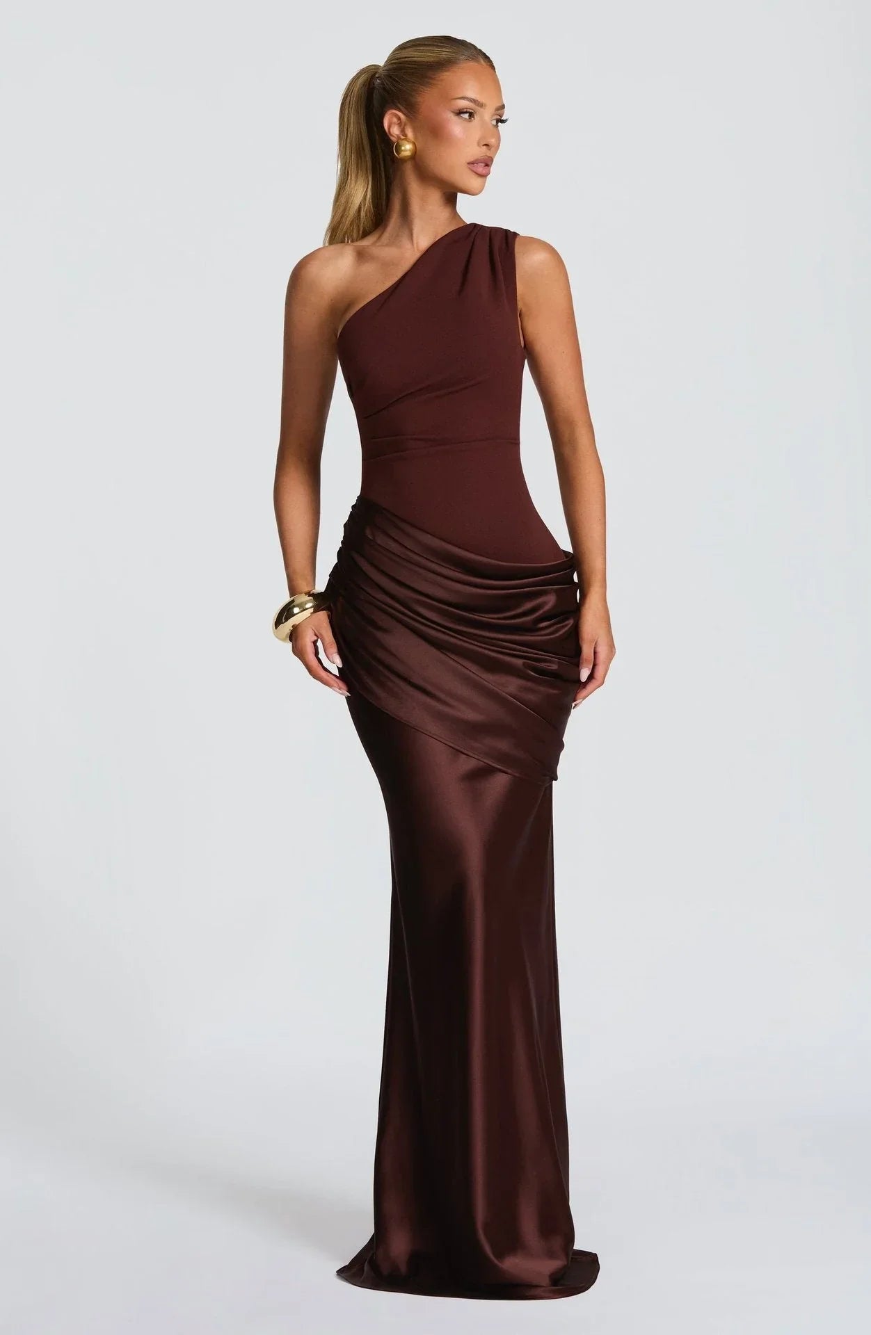 One Shoulder Satin Ruched Mermaid Floor Length Prom Dress