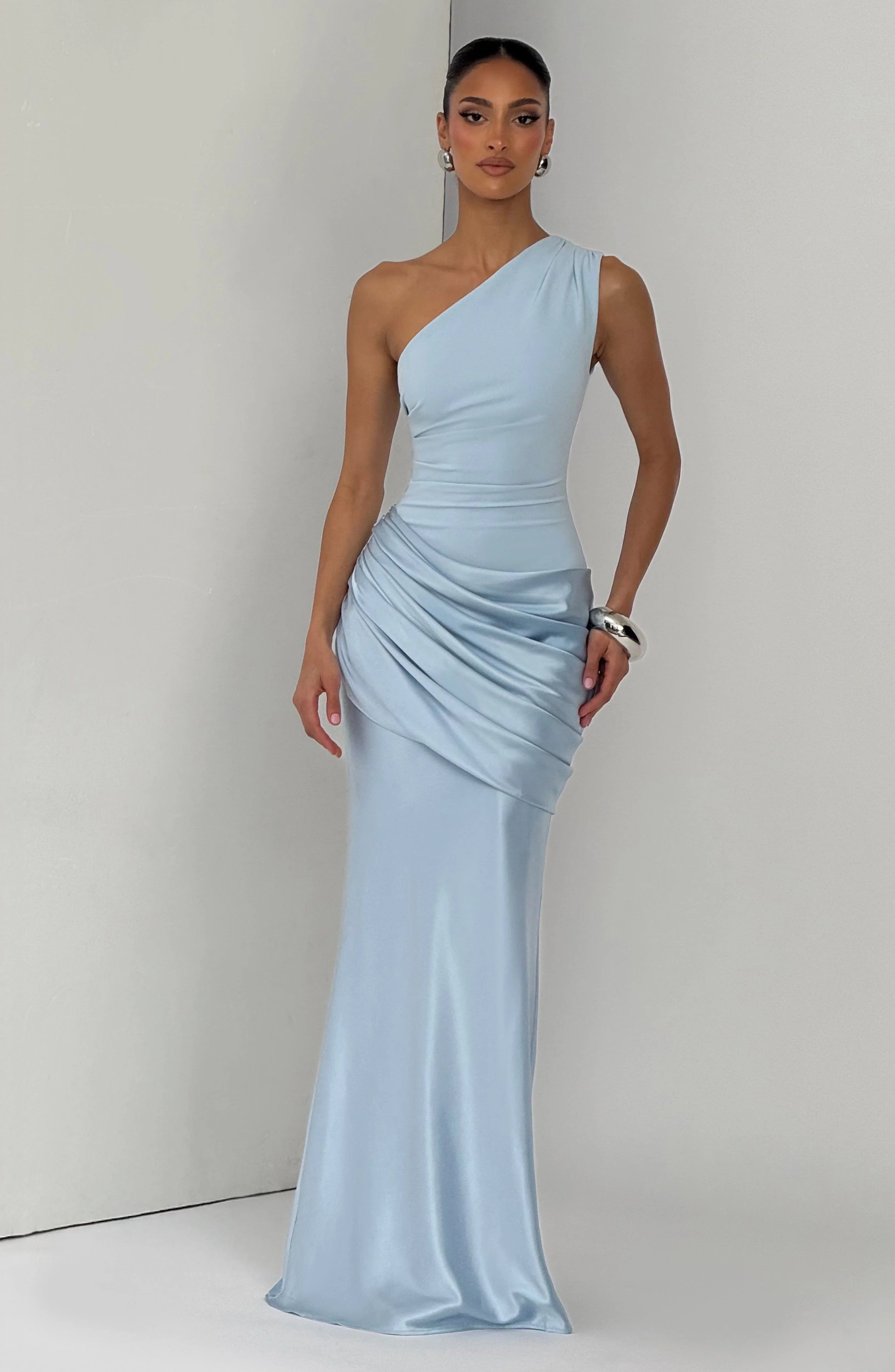 One Shoulder Satin Ruched Mermaid Floor Length Prom Dress