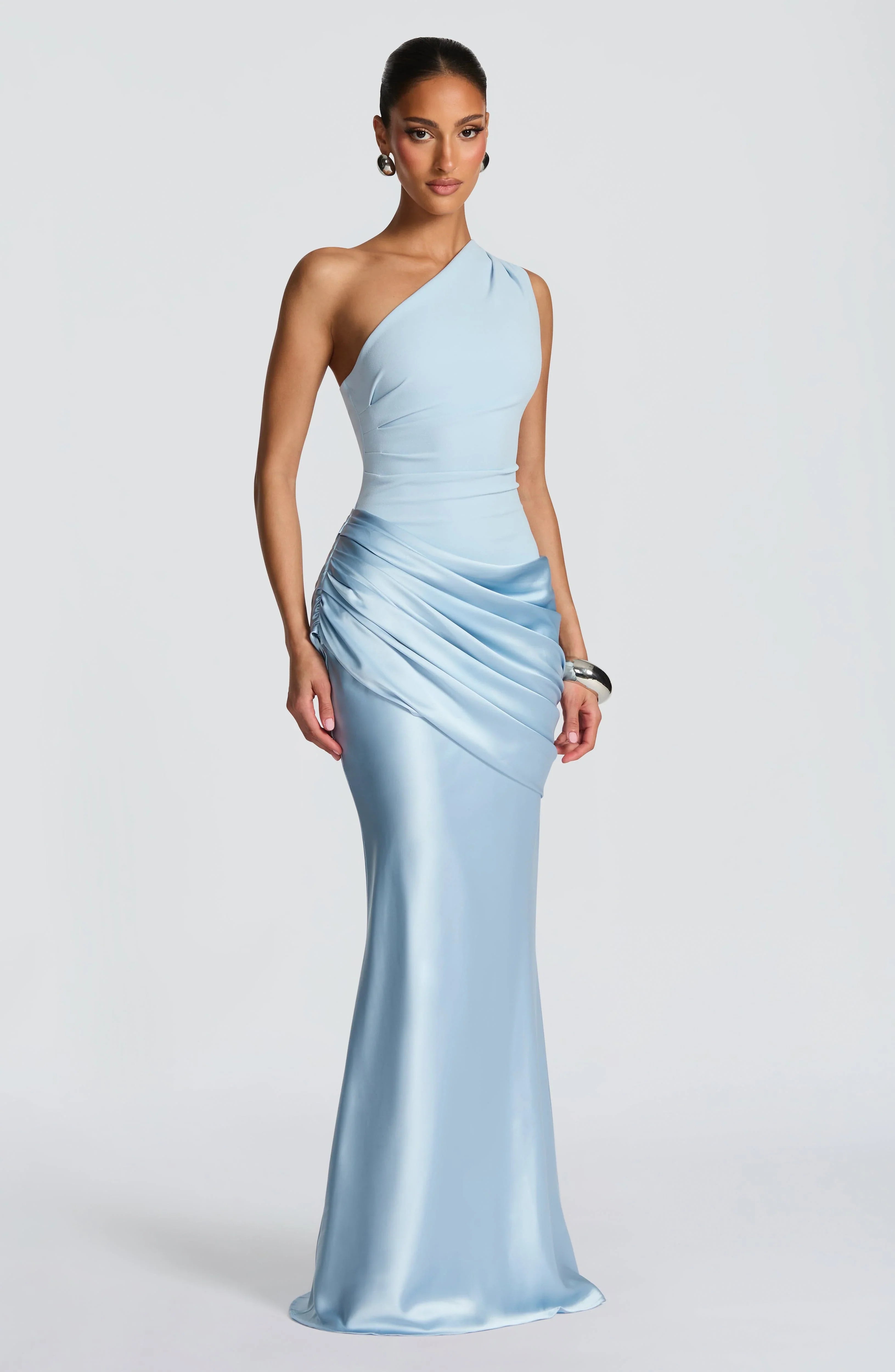 One Shoulder Satin Ruched Mermaid Floor Length Prom Dress