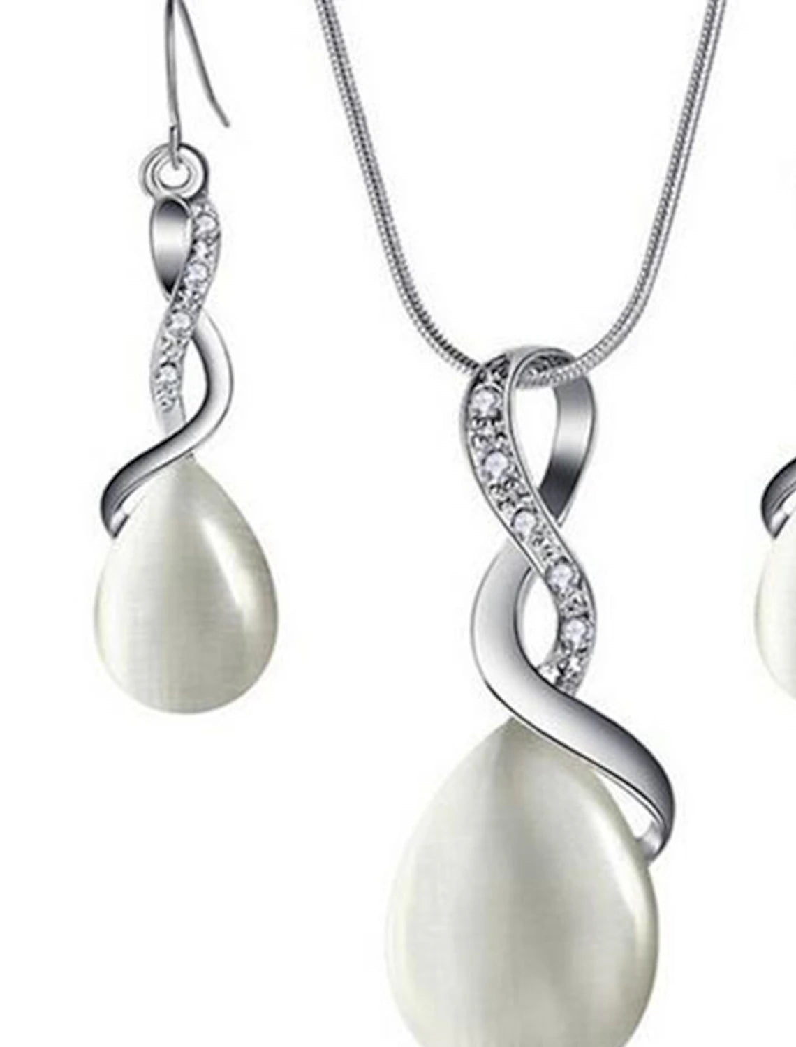 Side view of an opal crystal drop earring.