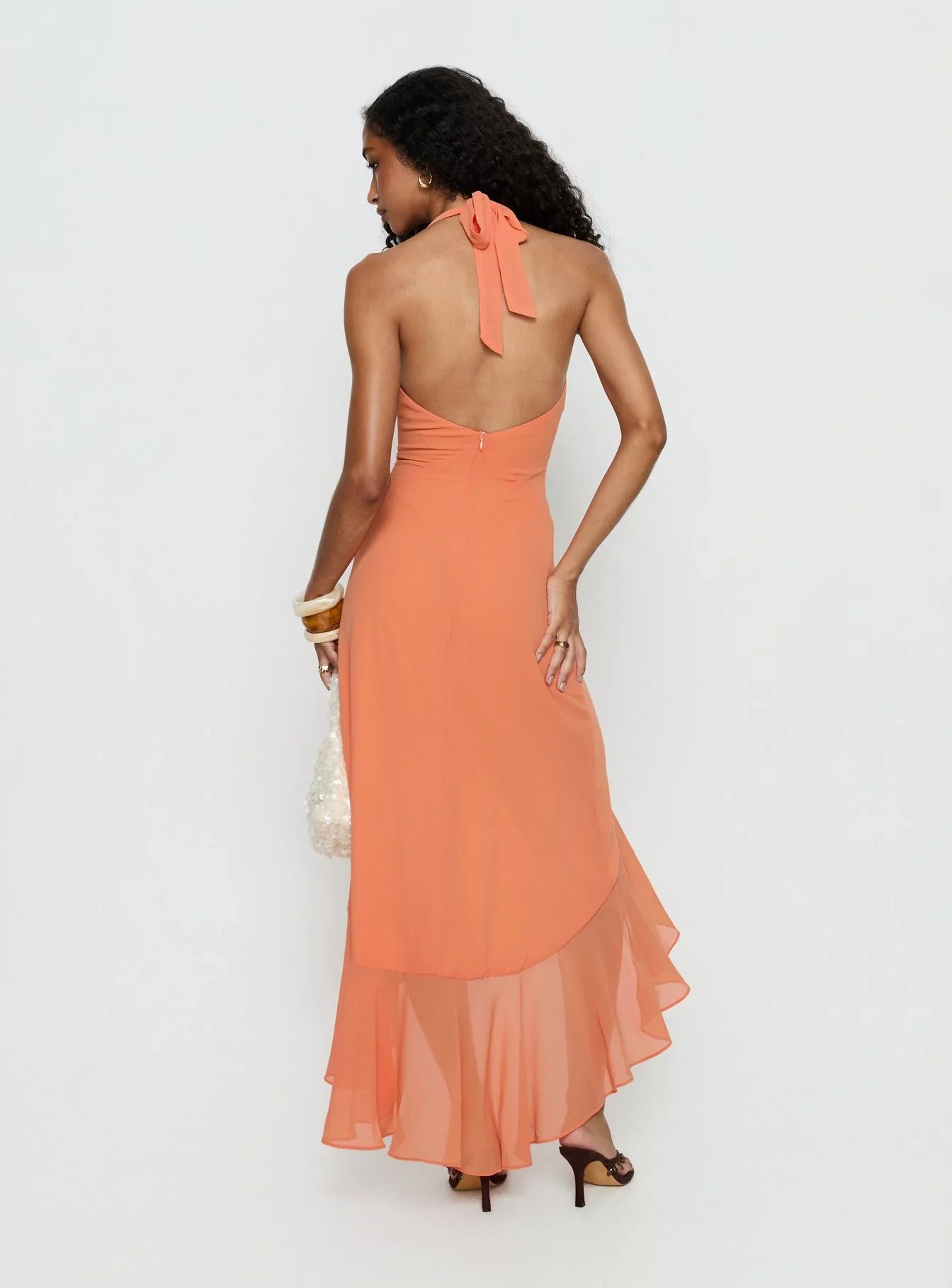 Orange Halter Prom Dress with Deep V Neckline and High Low Skirt for Formal Events and Prom Nights