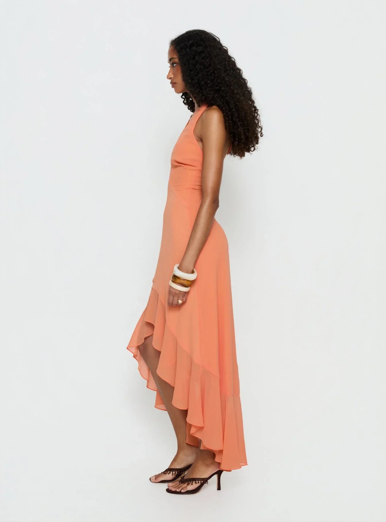 Orange Halter Prom Dress with Deep V Neckline and High Low Skirt for Formal Events and Prom Nights