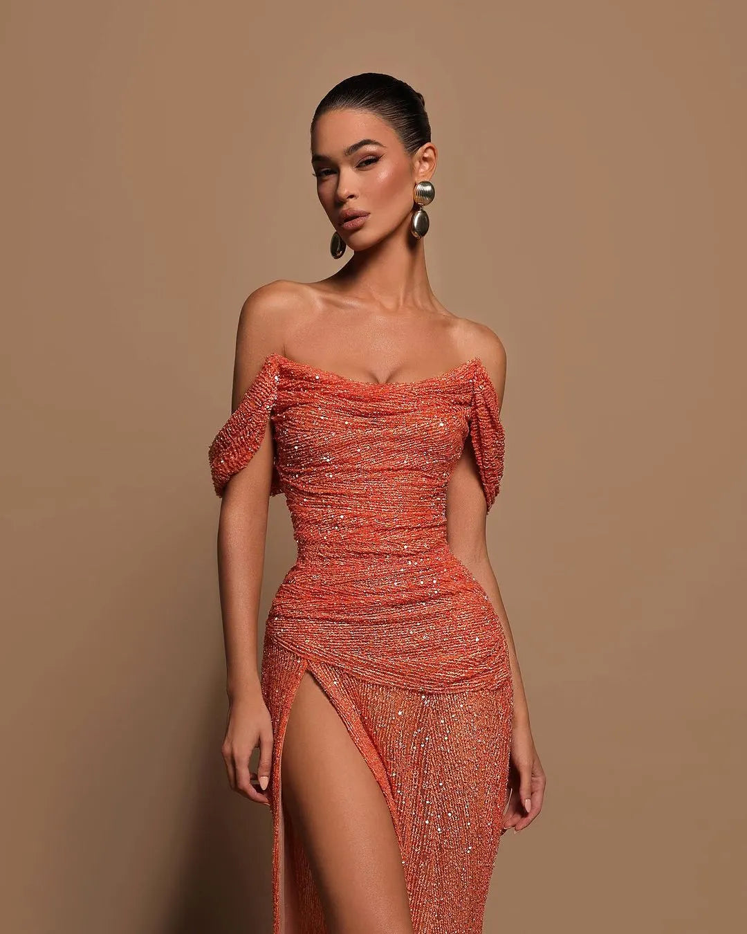 Orange Off The Shoulder Beaded Ruched High Slit Mermaid Long Formal Evening Prom Dress
