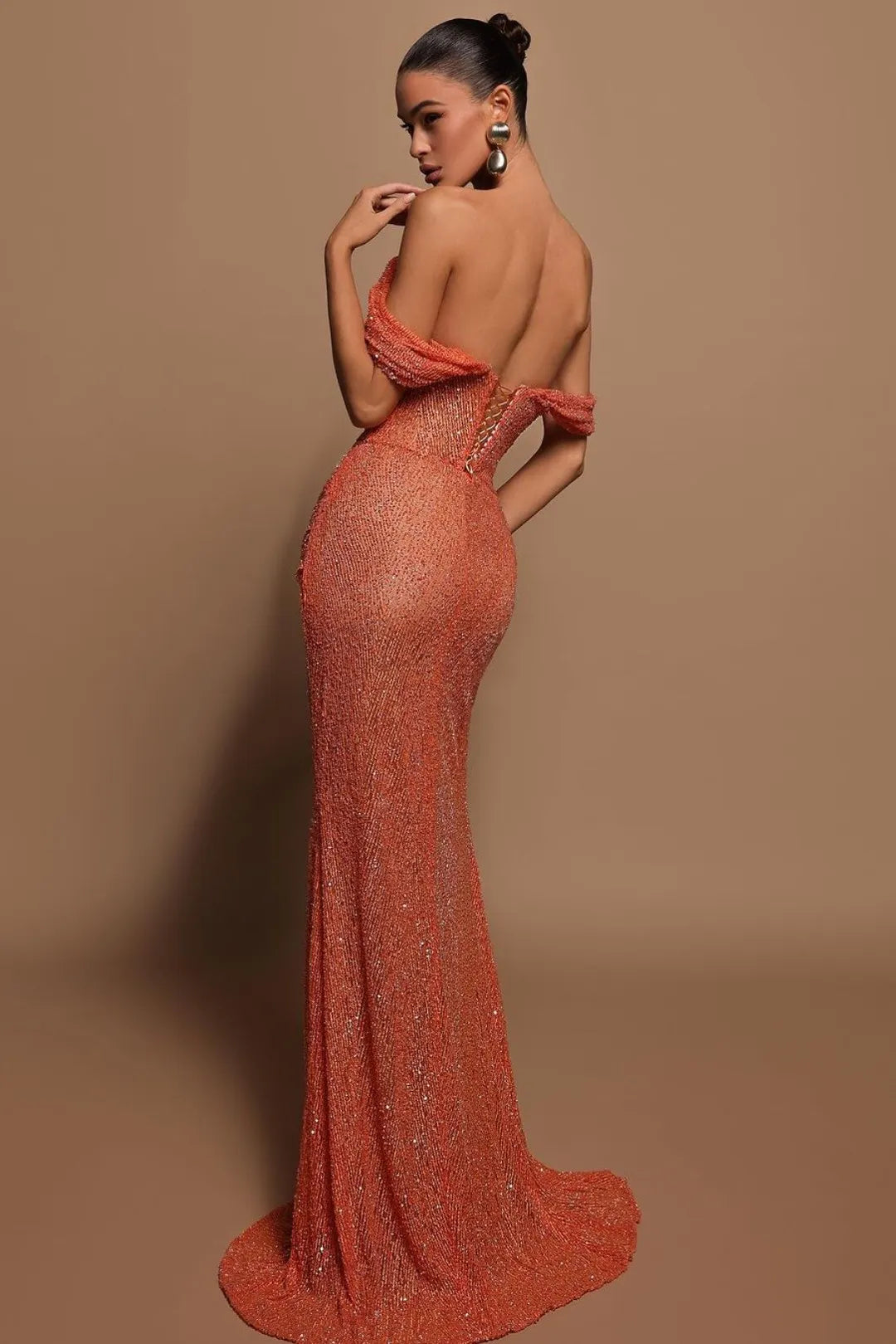 Orange Off The Shoulder Beaded Ruched High Slit Mermaid Long Formal Evening Prom Dress