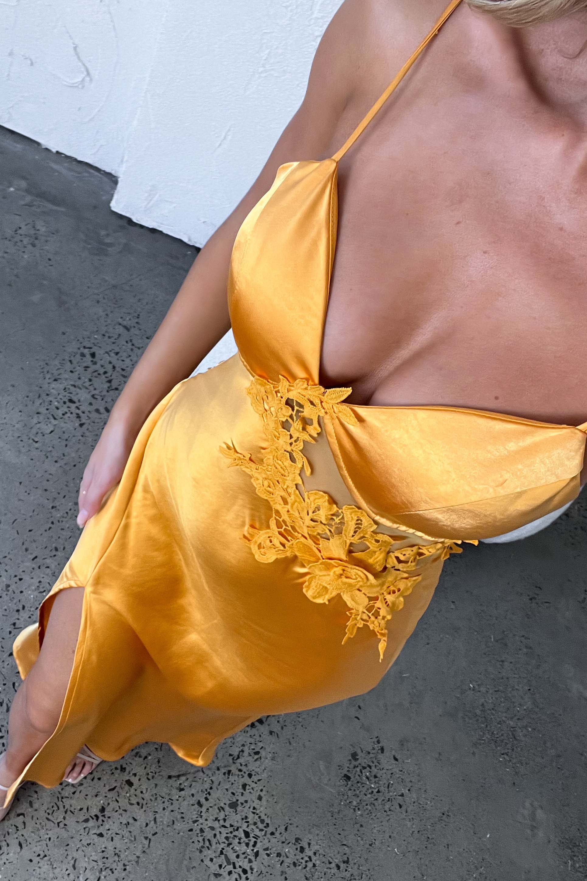 Orange Satin Floral Lace Applique Side Cutout High Slit Maxi Evening Dress