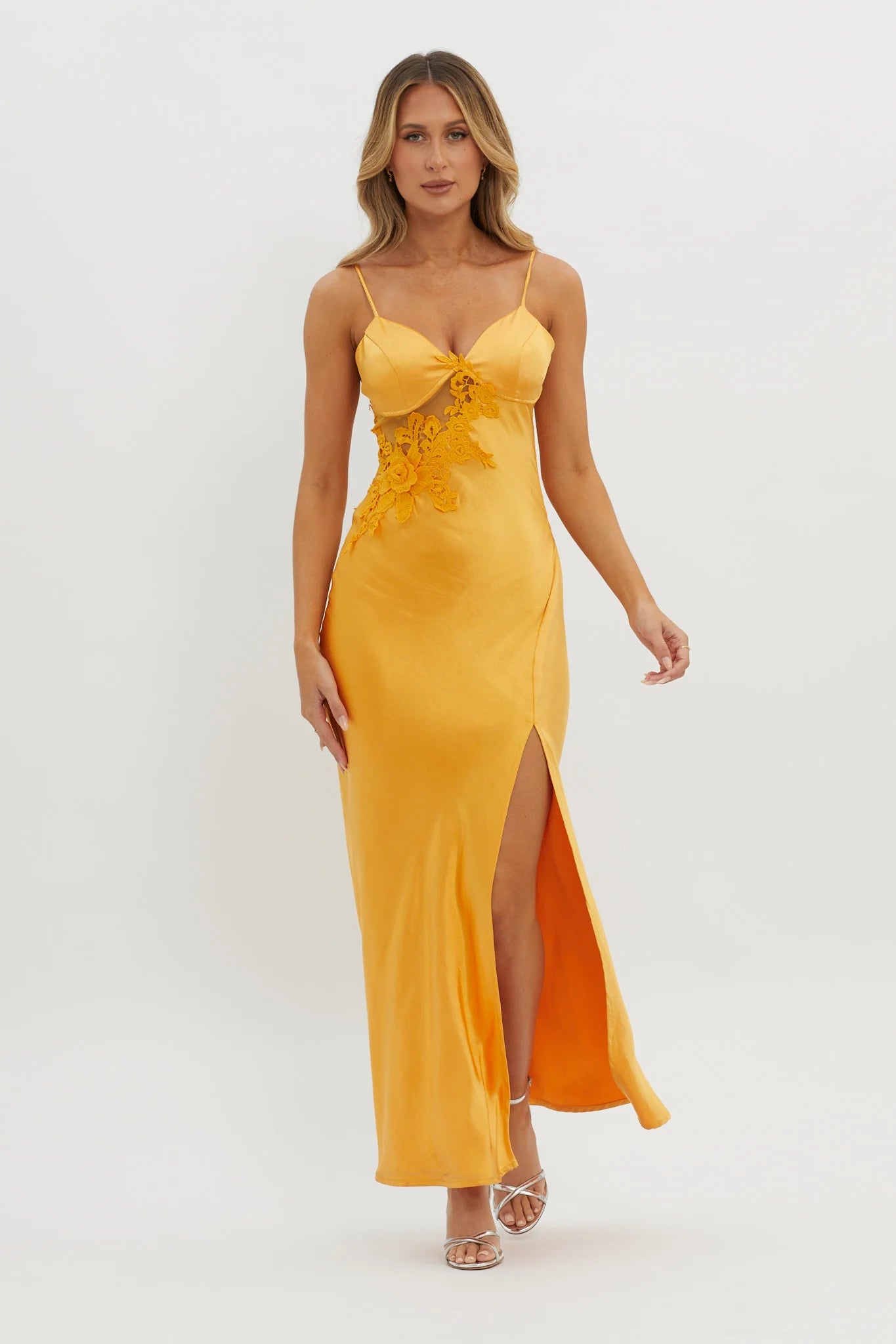 Orange Satin Floral Lace Applique Side Cutout High Slit Maxi Evening Dress