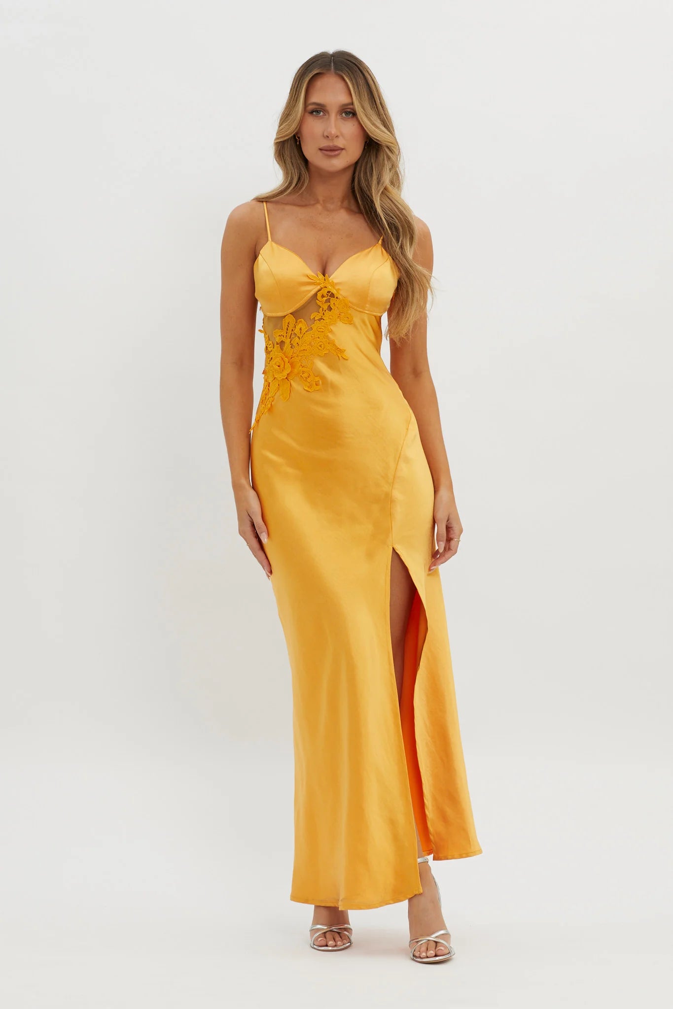 Orange Satin Floral Lace Applique Side Cutout High Slit Maxi Evening Dress
