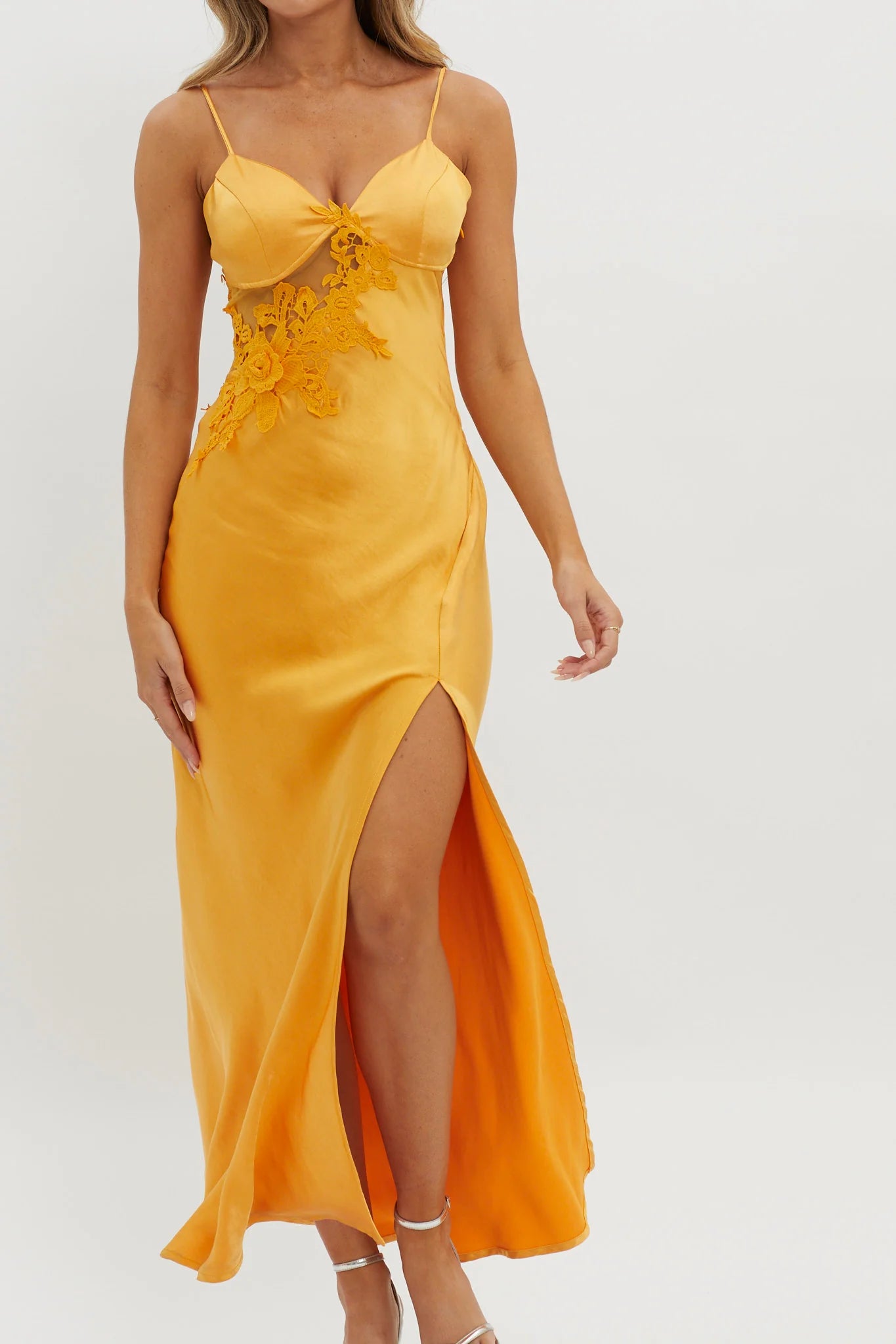 Orange Satin Floral Lace Applique Side Cutout High Slit Maxi Evening Dress