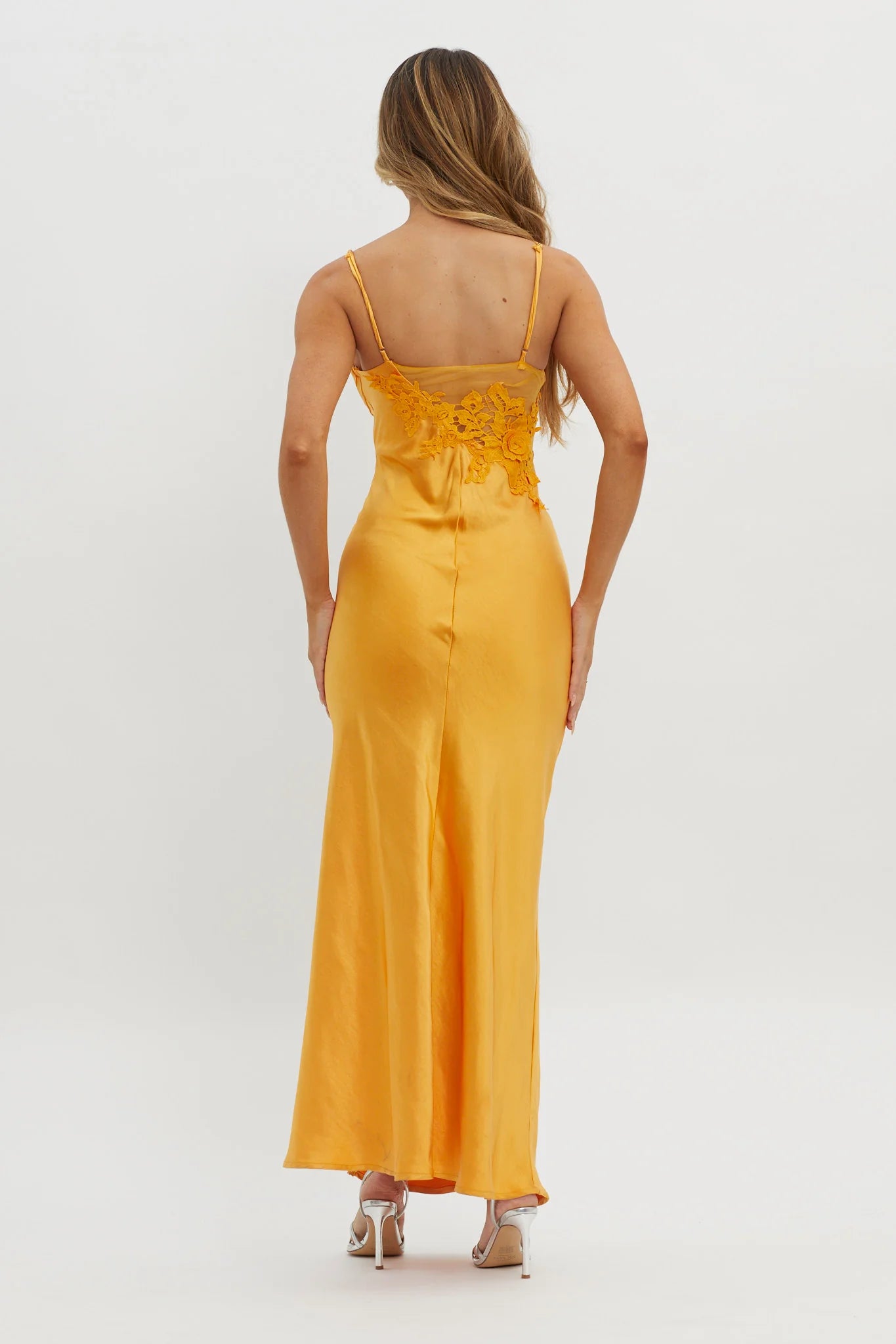Orange Satin Floral Lace Applique Side Cutout High Slit Maxi Evening Dress