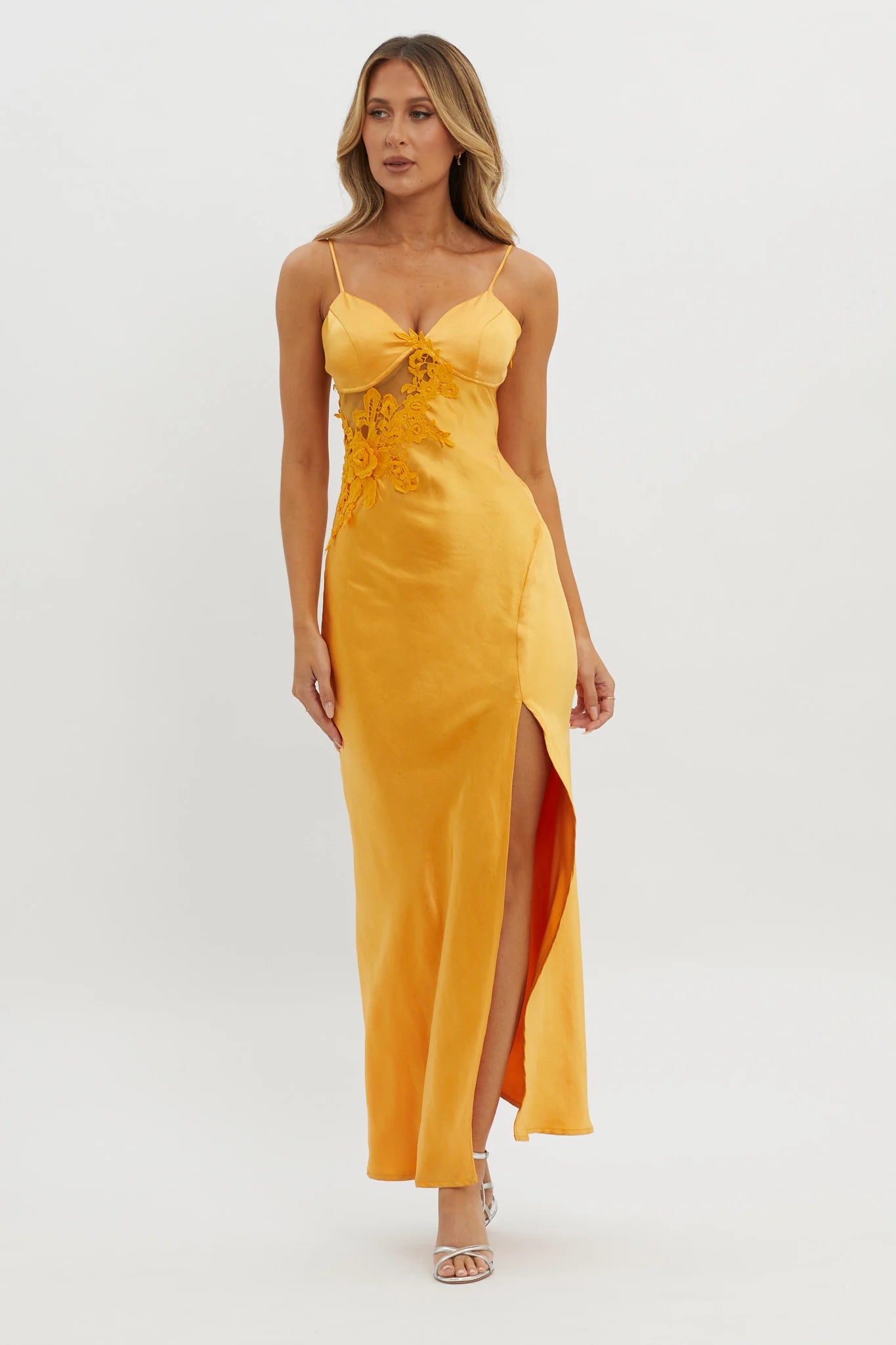 Orange Satin Floral Lace Applique Side Cutout High Slit Maxi Evening Dress