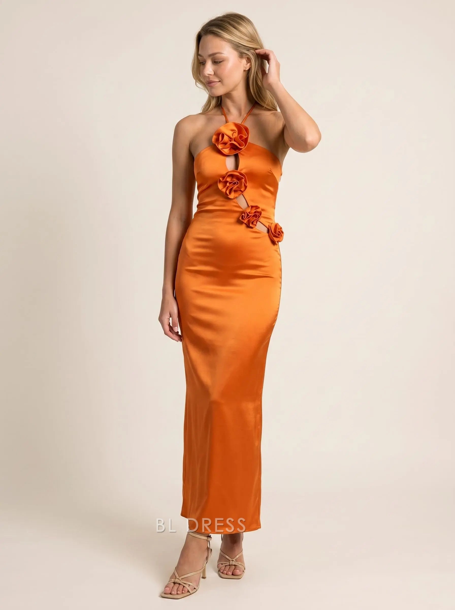 Orange Satin Sheath Halter Neck Sleeveless Cutout Floral Applique Open Back Midi Formal Evening Prom Dress
