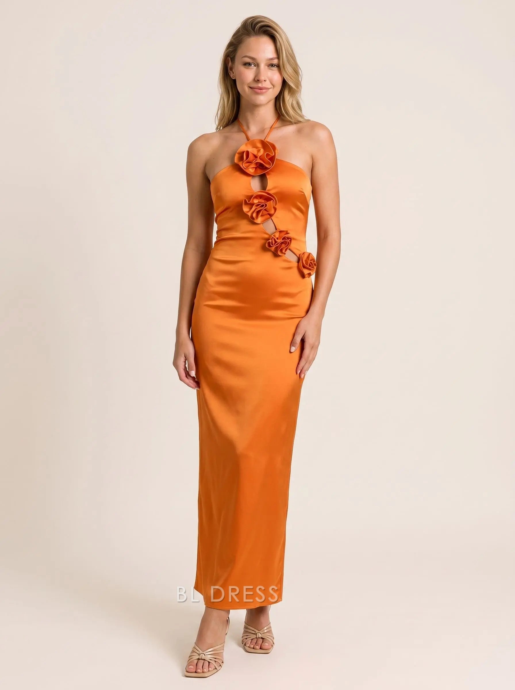 Orange Satin Sheath Halter Neck Sleeveless Cutout Floral Applique Open Back Midi Formal Evening Prom Dress