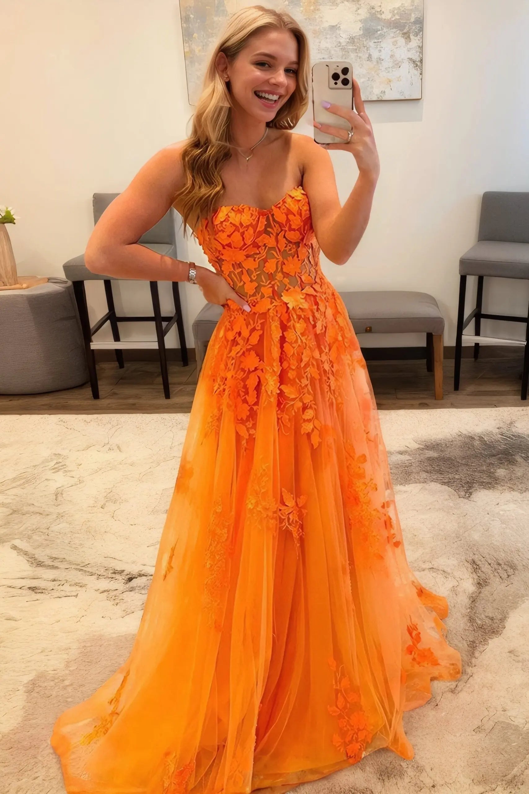 Orange Strapless Lace Applique A-Line Prom Dress with Corset Bodice for Formal Events and Prom Nights
