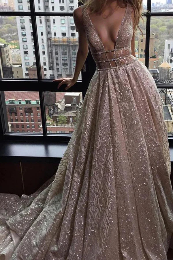 Simple V-neck Organza Long Prom Dress