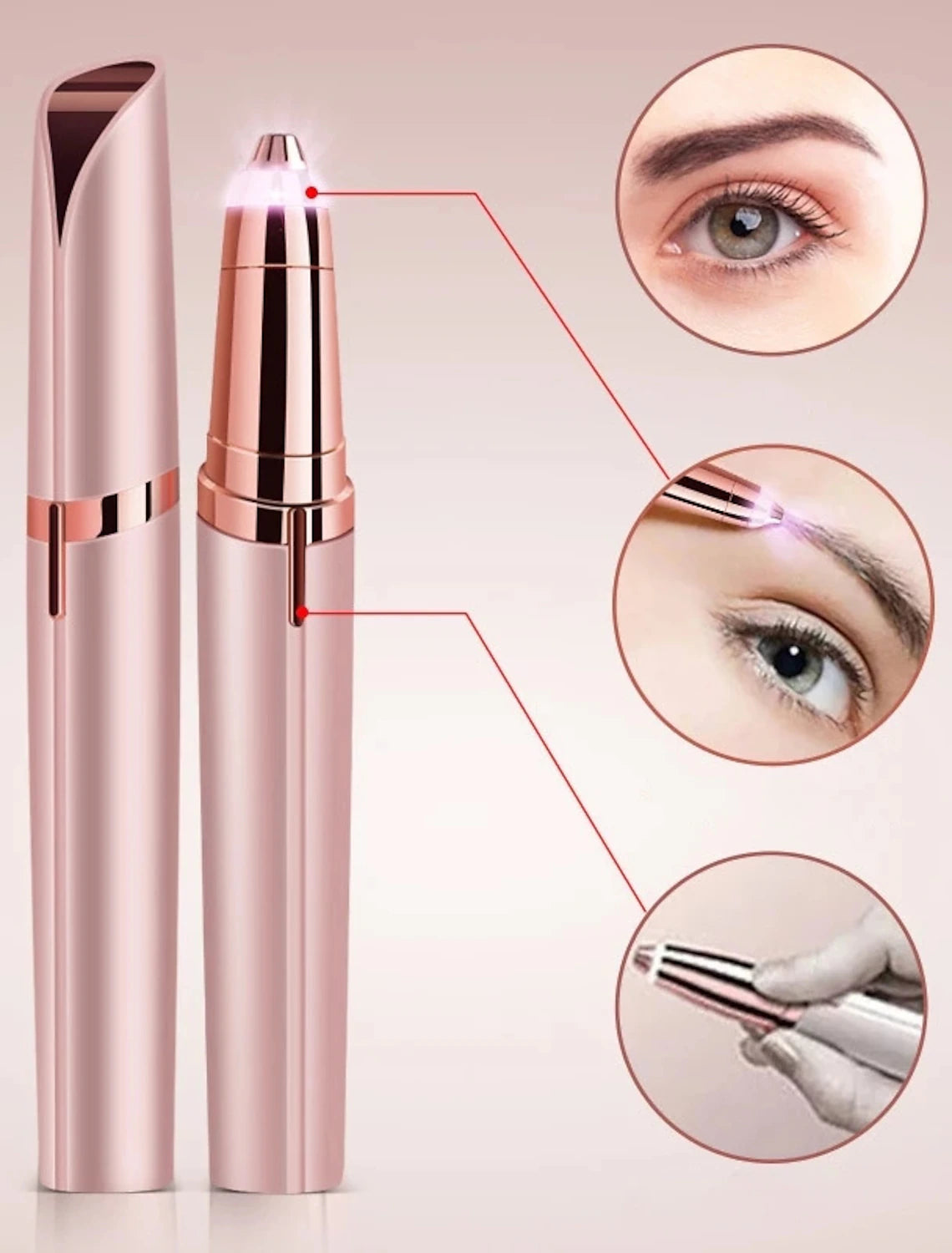 Electric eyebrow trimmer with precision blade exposed.