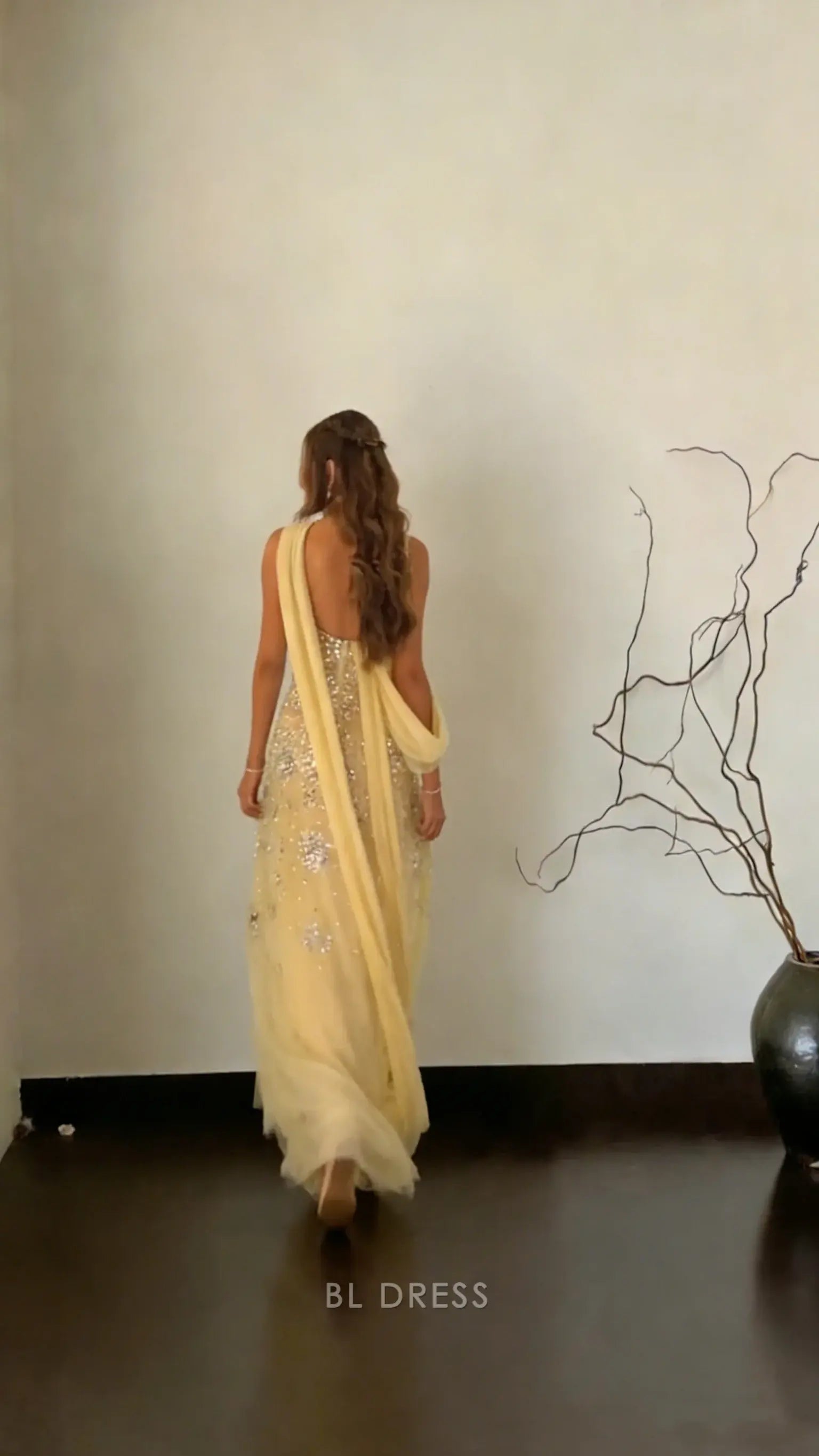 Pale Yellow One Shoulder Flowing Tulle Sash Draped Strapless Sweetheart Neck Silver Sequin Embellished Fitted A Line Floor Length Prom Dress