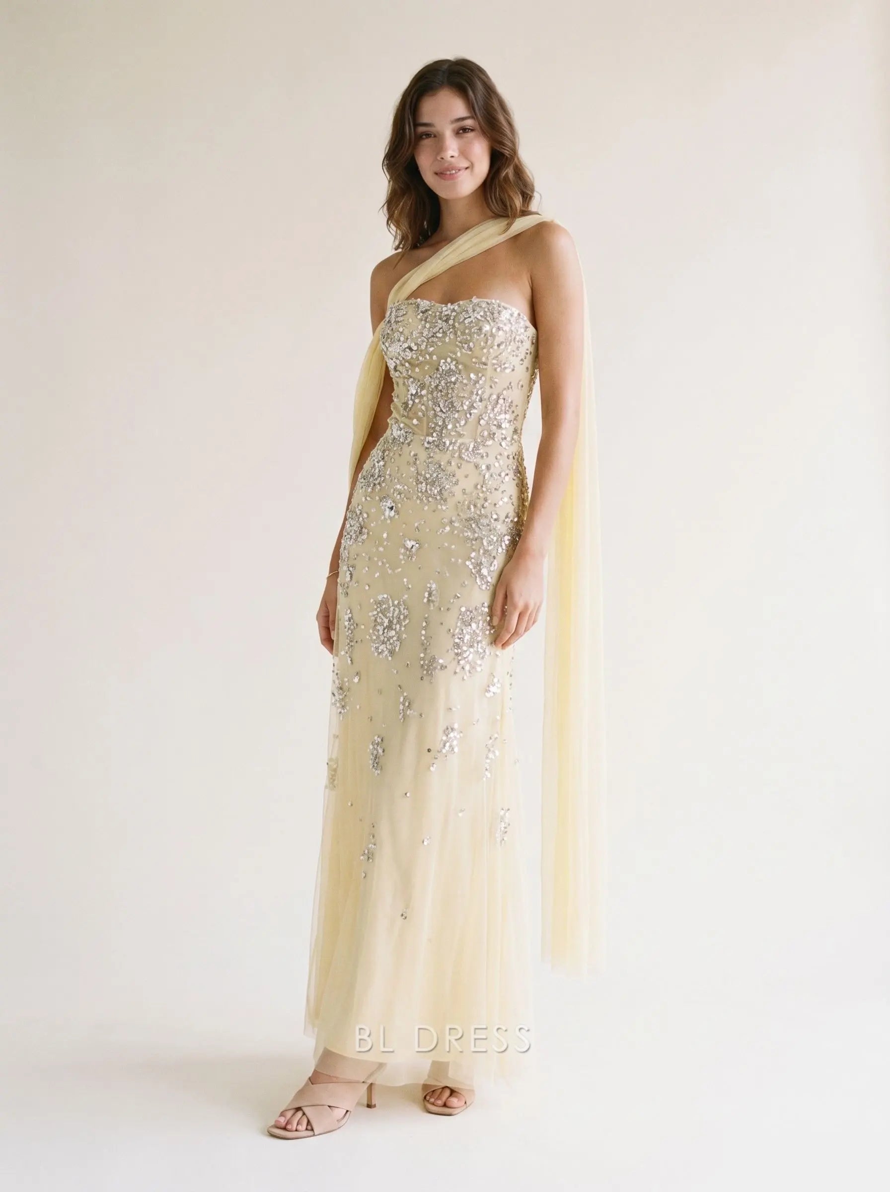 Pale Yellow One Shoulder Flowing Tulle Sash Draped Strapless Sweetheart Neck Silver Sequin Embellished Fitted A Line Floor Length Prom Dress