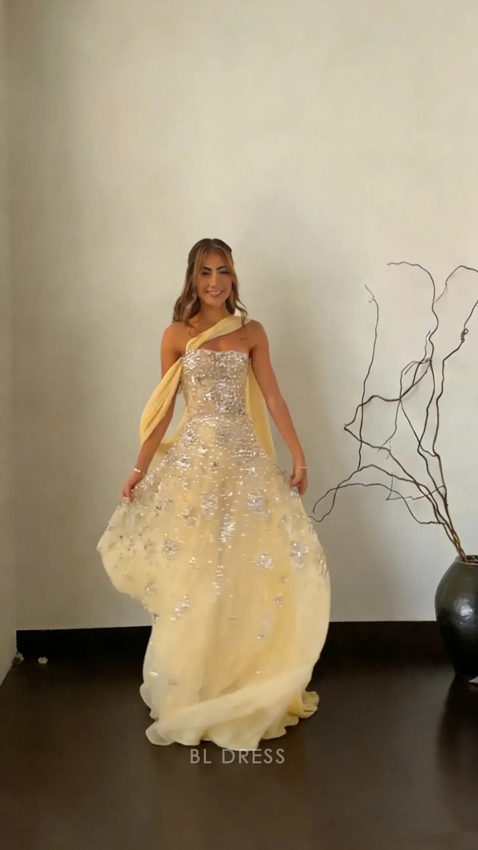 Pale Yellow One Shoulder Flowing Tulle Sash Draped Strapless Sweetheart Neck Silver Sequin Embellished Fitted A Line Floor Length Prom Dress