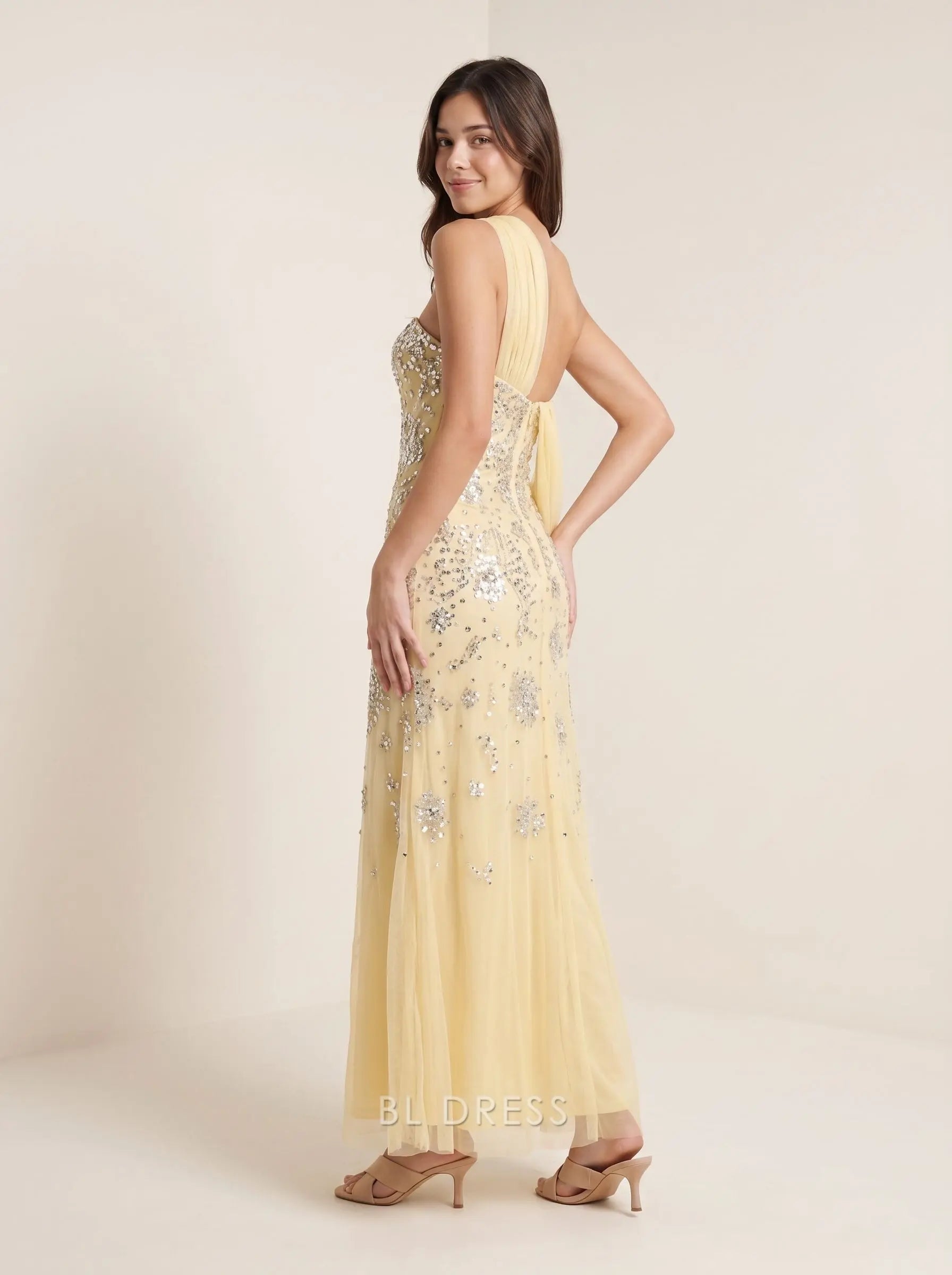 Pale Yellow One Shoulder Flowing Tulle Sash Draped Strapless Sweetheart Neck Silver Sequin Embellished Fitted A Line Floor Length Prom Dress