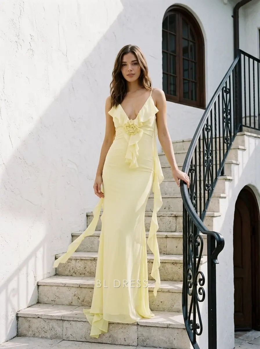 Pale Yellow Spaghetti Strap Deep V Neck Floral Ruffle Open Back Chiffon Formal Evening Prom Dress