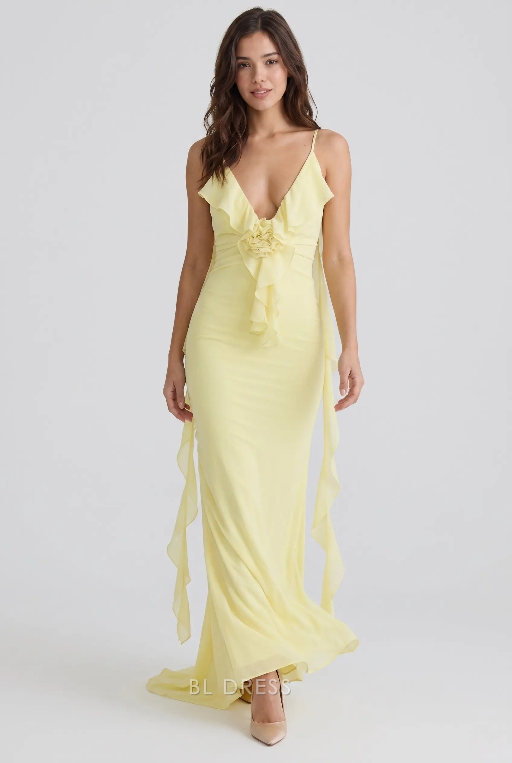 Pale Yellow Spaghetti Strap Deep V Neck Floral Ruffle Open Back Chiffon Formal Evening Prom Dress