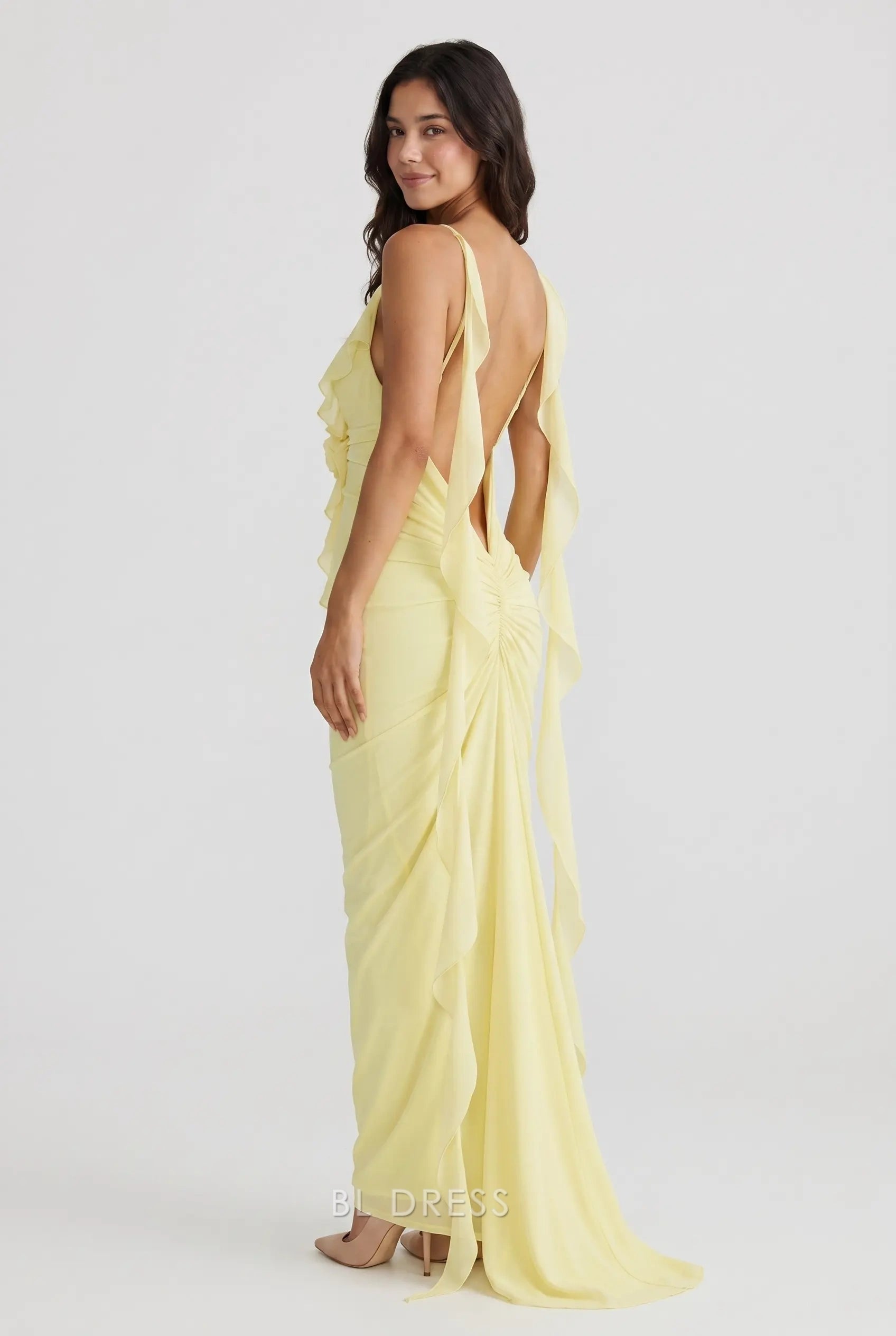 Pale Yellow Spaghetti Strap Deep V Neck Floral Ruffle Open Back Chiffon Formal Evening Prom Dress