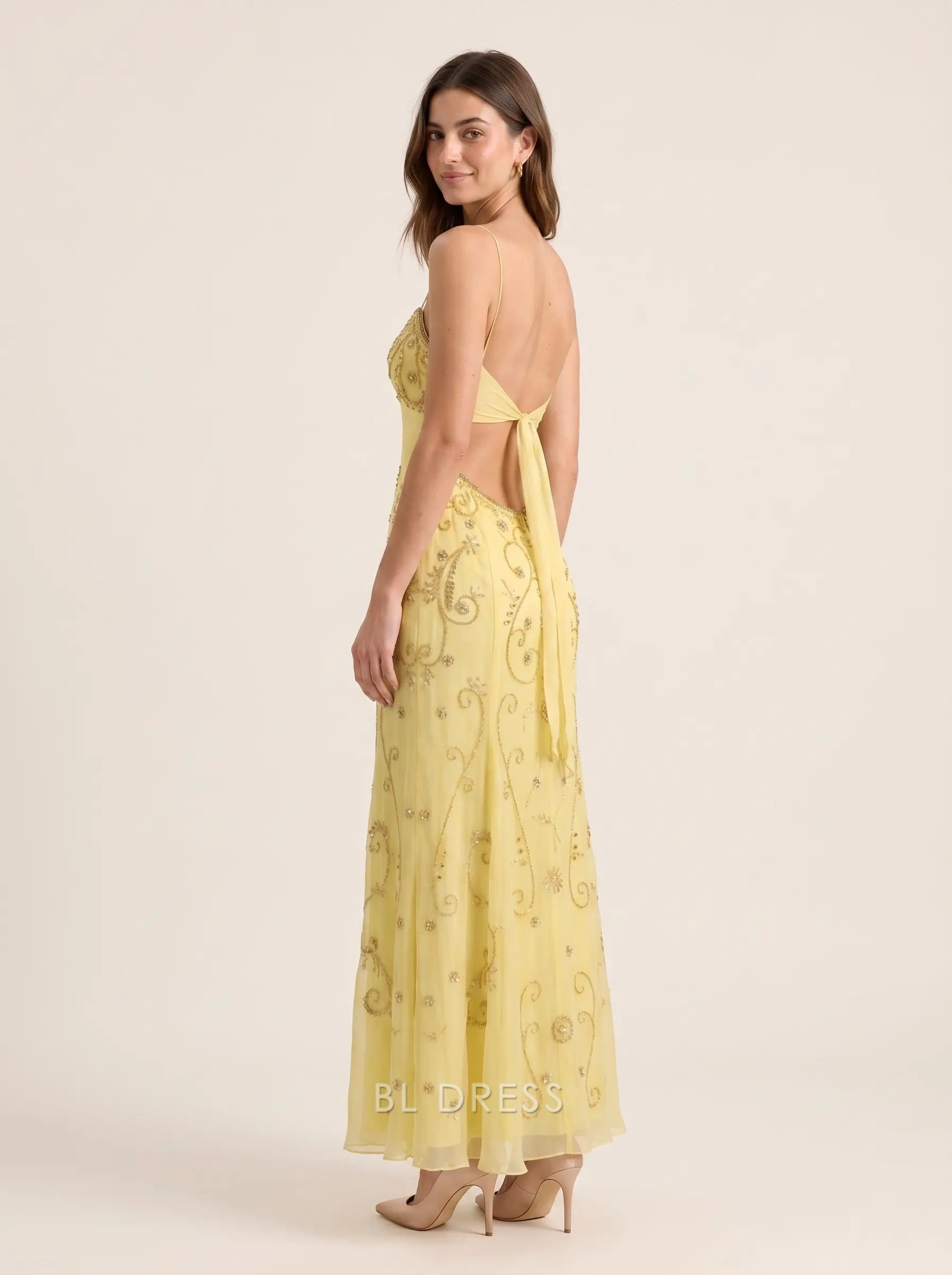 Pale Yellow Spaghetti Strap V Neck Beaded Embroidered Backless Tie-Back Chiffon Formal Evening Prom Dress