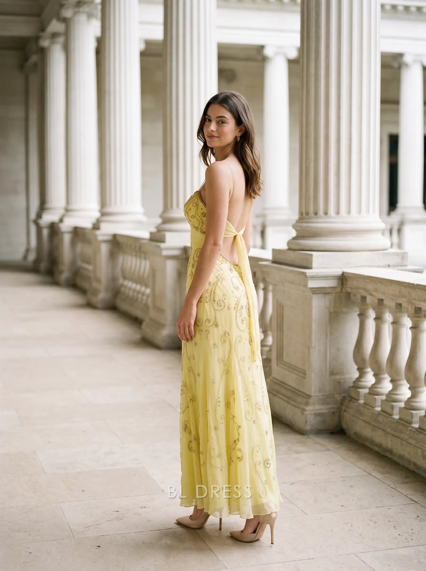 Pale Yellow Spaghetti Strap V Neck Beaded Embroidered Backless Tie-Back Chiffon Formal Evening Prom Dress