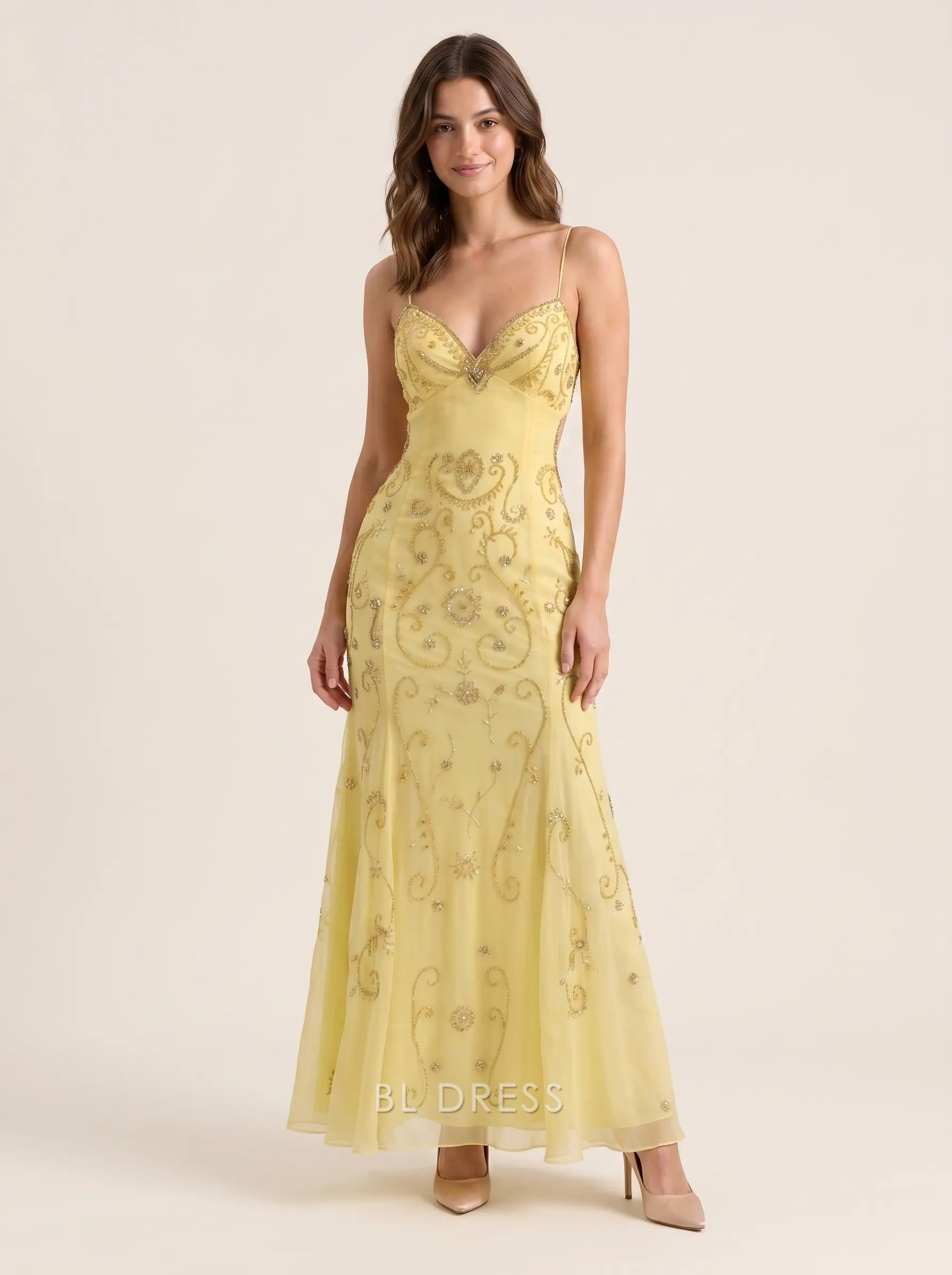 Pale Yellow Spaghetti Strap V Neck Beaded Embroidered Backless Tie-Back Chiffon Formal Evening Prom Dress