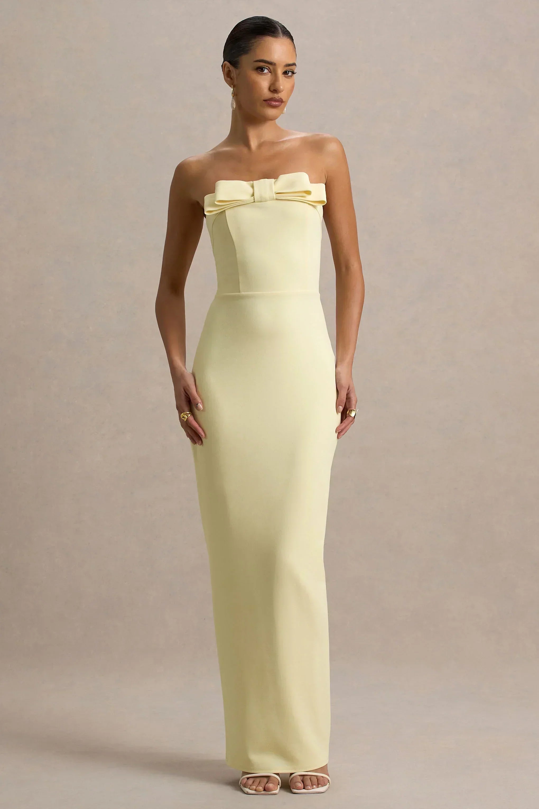 Pale Yellow Strapless Bow-Front Crepe Column Maxi Formal Evening Prom Dress