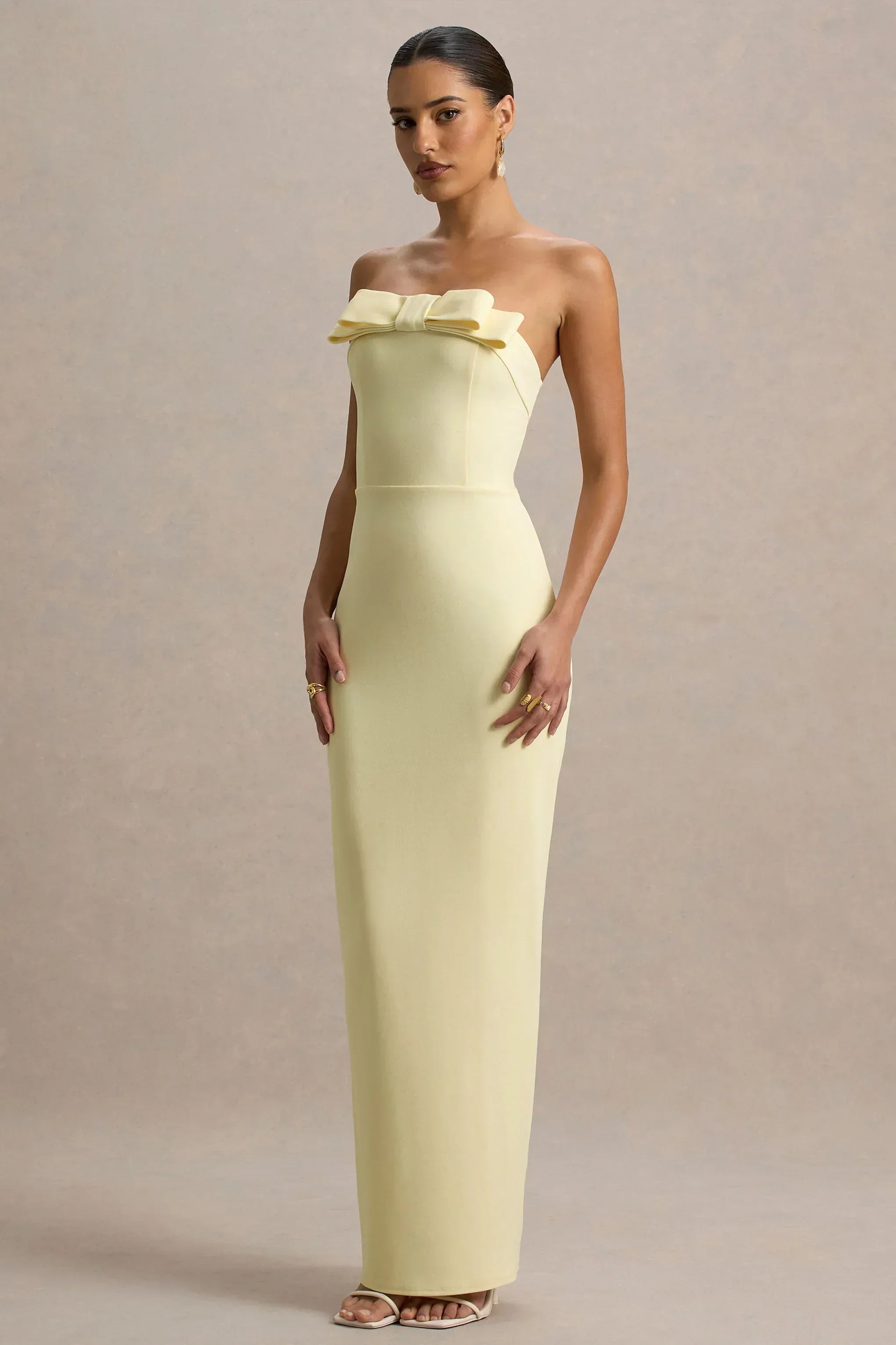 Pale Yellow Strapless Bow-Front Crepe Column Maxi Formal Evening Prom Dress