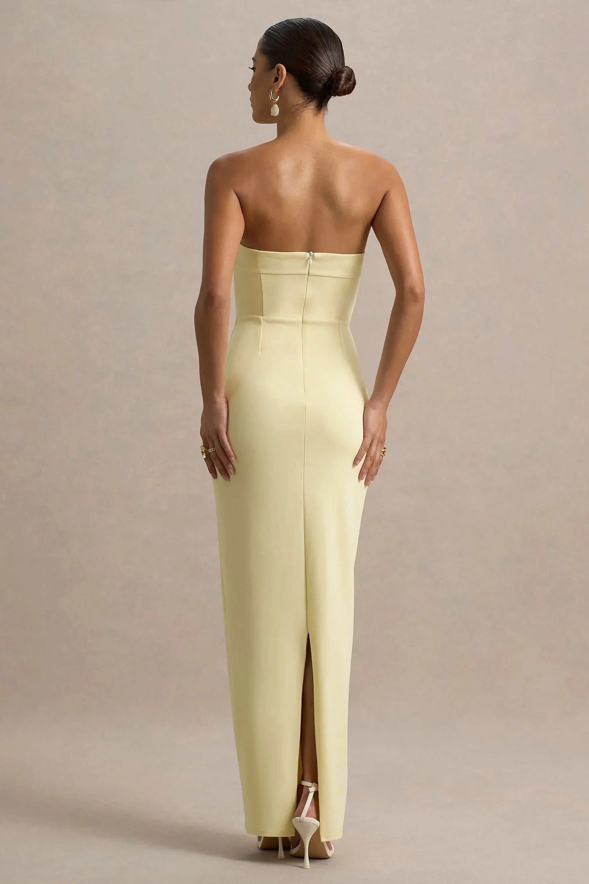 Pale Yellow Strapless Bow-Front Crepe Column Maxi Formal Evening Prom Dress