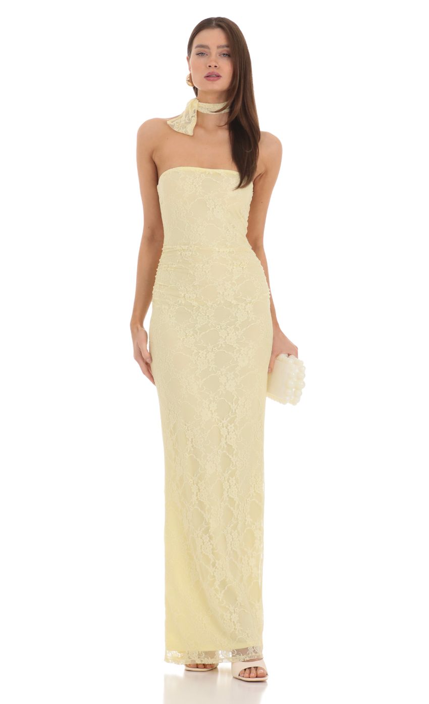 Pale Yellow Strapless Lace Prom Dress With Choker Tie Back Formal Prom Dress