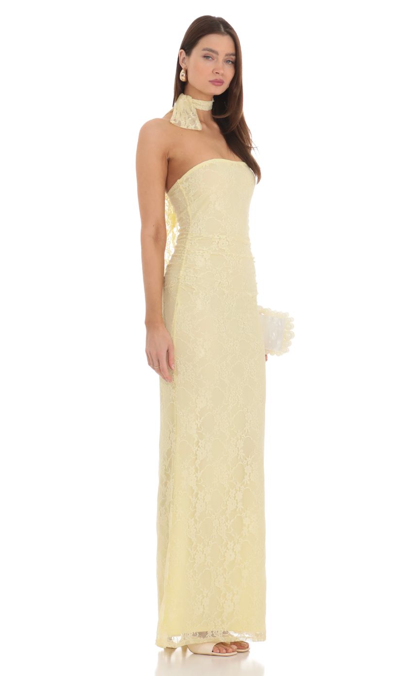 Pale Yellow Strapless Lace Prom Dress With Choker Tie Back Formal Prom Dress