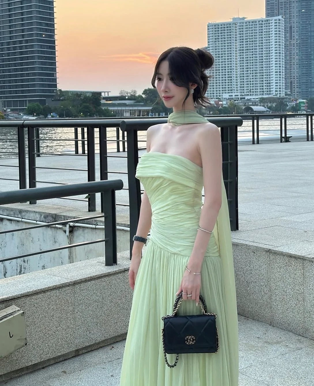 Pale Yellow Strapless Prom Dress With Chiffon Neck Scarf And Ruched Bodice Formal Prom Dress