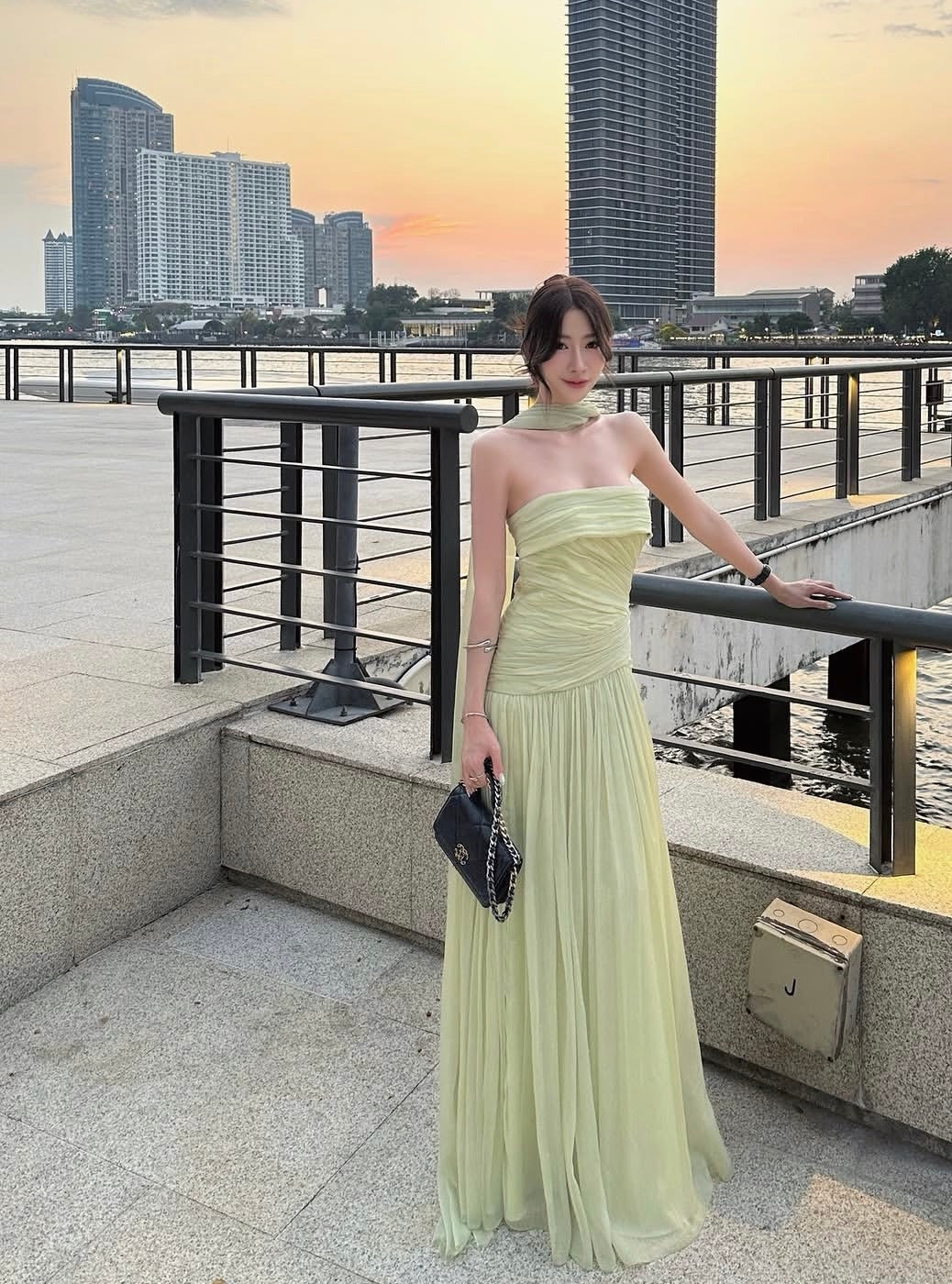 Pale Yellow Strapless Prom Dress With Chiffon Neck Scarf And Ruched Bodice Formal Prom Dress