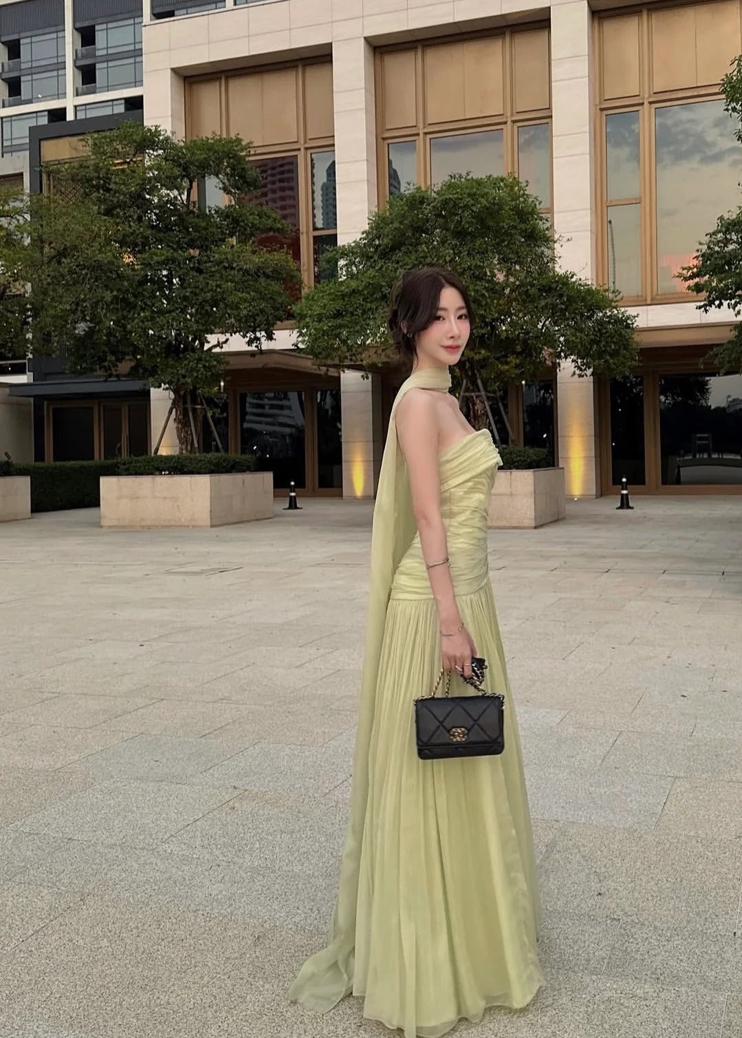 Pale Yellow Strapless Prom Dress With Chiffon Neck Scarf And Ruched Bodice Formal Prom Dress