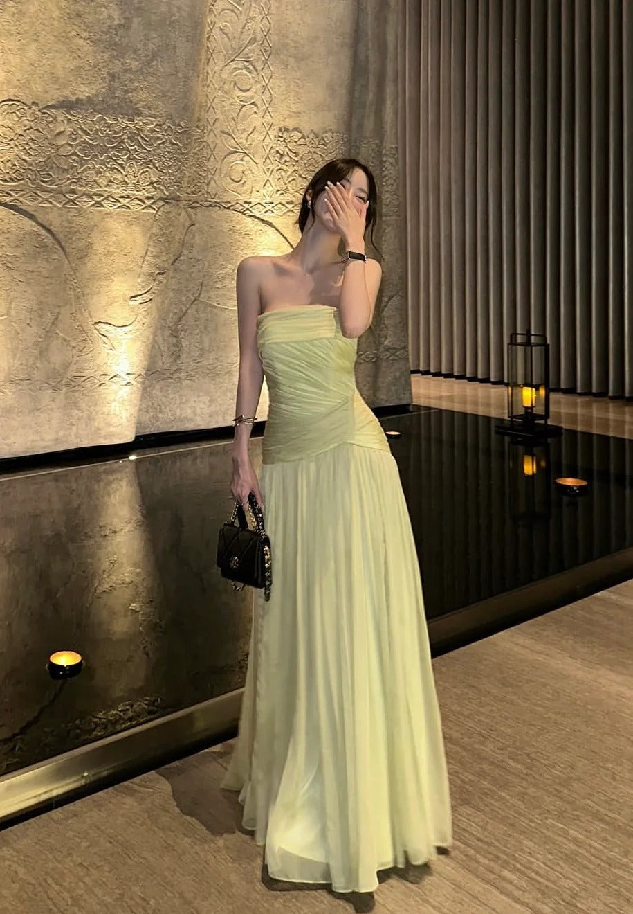 Pale Yellow Strapless Prom Dress With Chiffon Neck Scarf And Ruched Bodice Formal Prom Dress