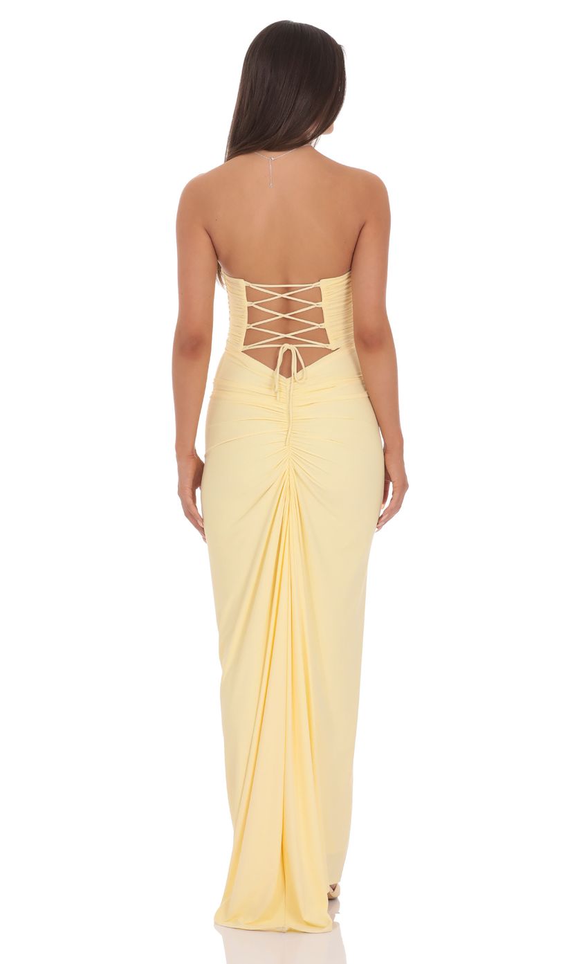 Pale Yellow Strapless Prom Dress With Ruched Corset Lace-Up Back Jersey Formal Prom Dress