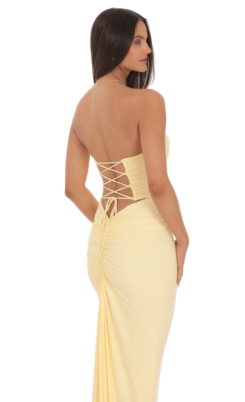 Pale Yellow Strapless Prom Dress With Ruched Corset Lace-Up Back Jersey Formal Prom Dress