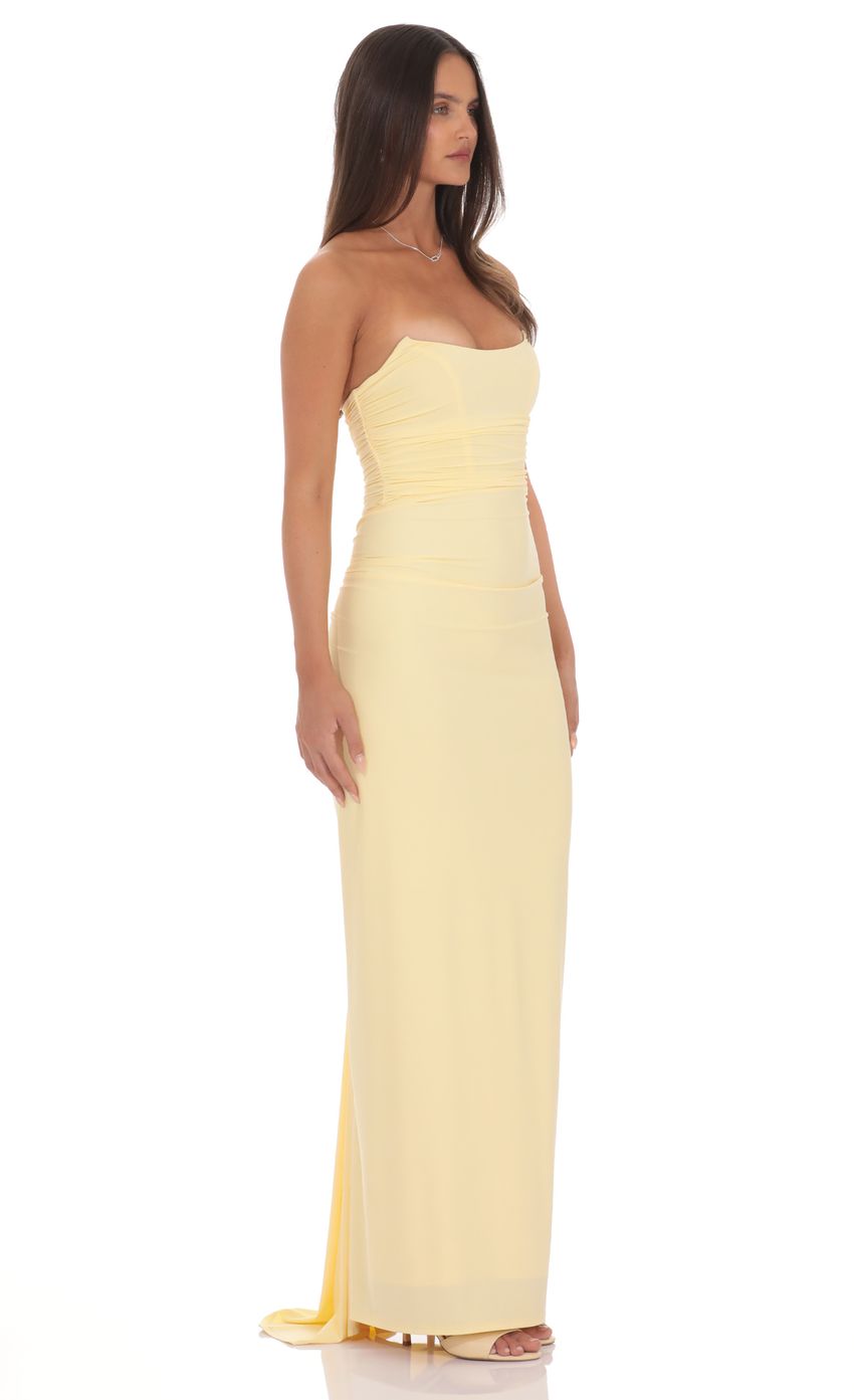 Pale Yellow Strapless Prom Dress With Ruched Corset Lace-Up Back Jersey Formal Prom Dress