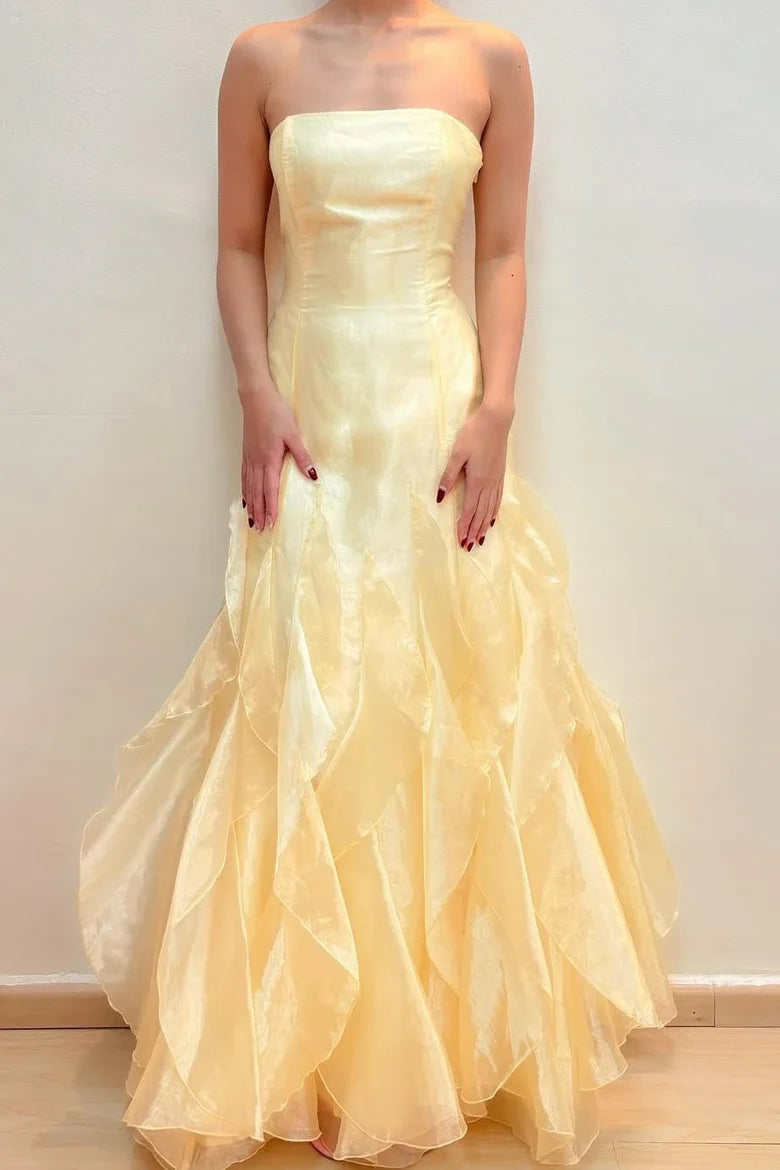 Pale Yellow Strapless Ruffled Organza Lace-Up Back Mermaid Evening Dress