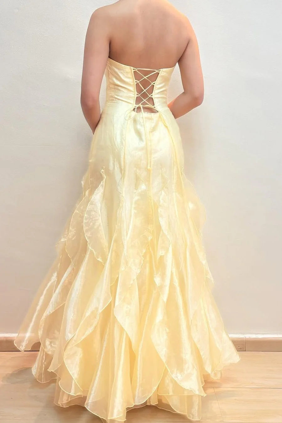 Pale Yellow Strapless Ruffled Organza Lace-Up Back Mermaid Evening Dress