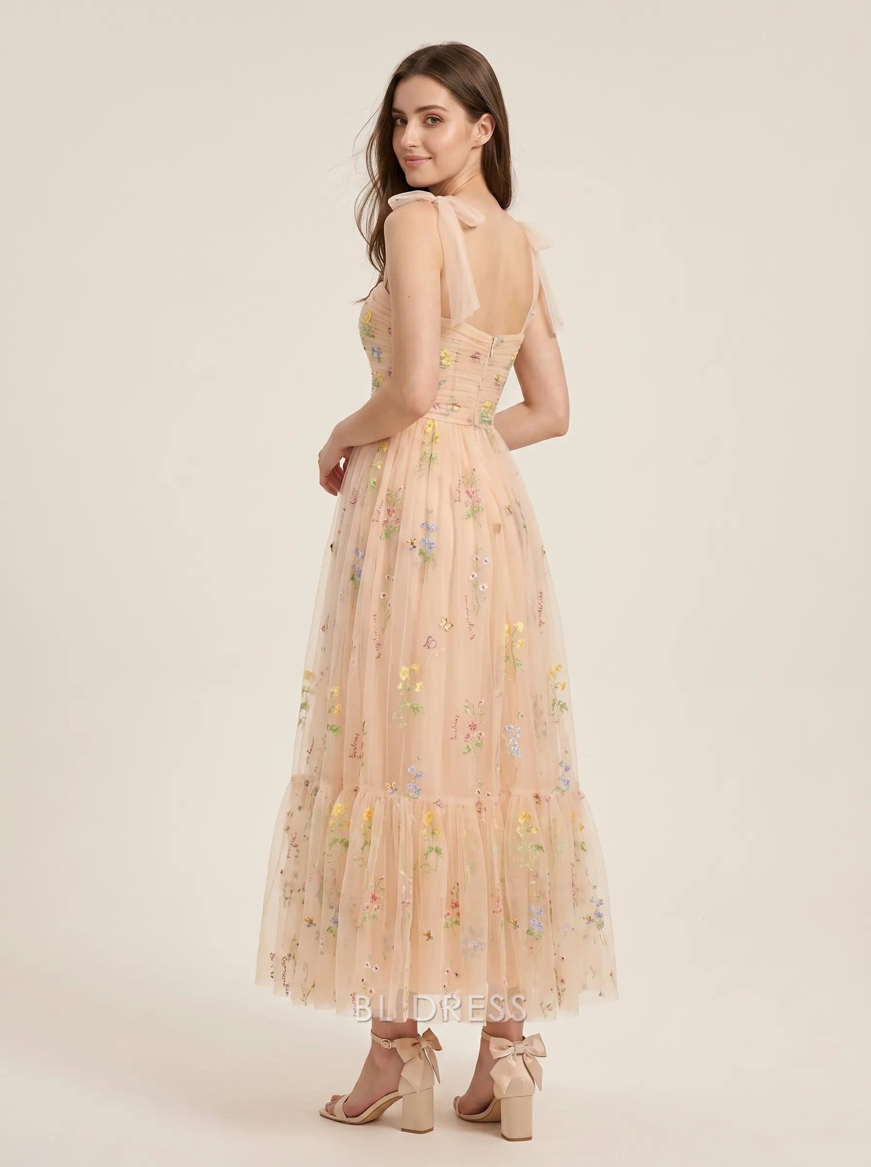 Peach Spaghetti Strap Bow Tie Shoulder Ruched Bodice Floral Embroidered Tulle A Line Midi Formal Evening Prom Dress