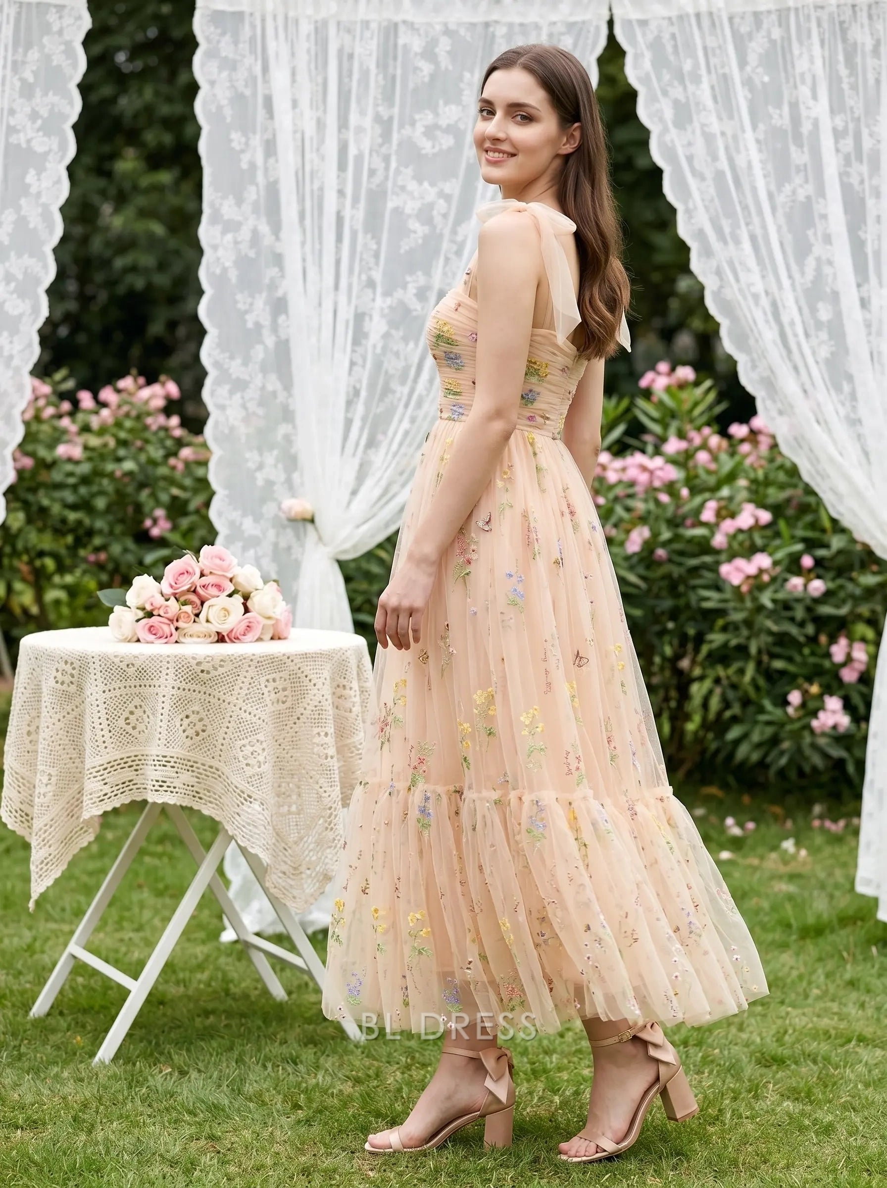 Peach Spaghetti Strap Bow Tie Shoulder Ruched Bodice Floral Embroidered Tulle A Line Midi Formal Evening Prom Dress